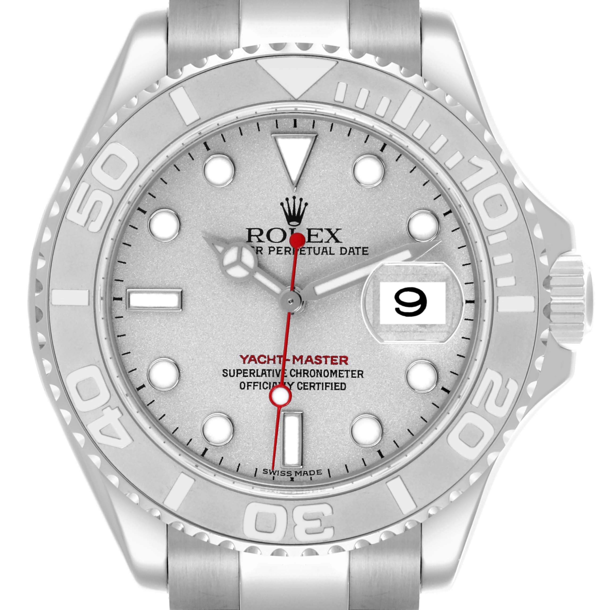 The image shows a front view of the Rolex Yacht-Master 16622 Men
s Stainless Steel Silver Dial 16622 Men
s Stainless Steel Silver Dial watch, highlighting the bezel, dial, and bracelet.