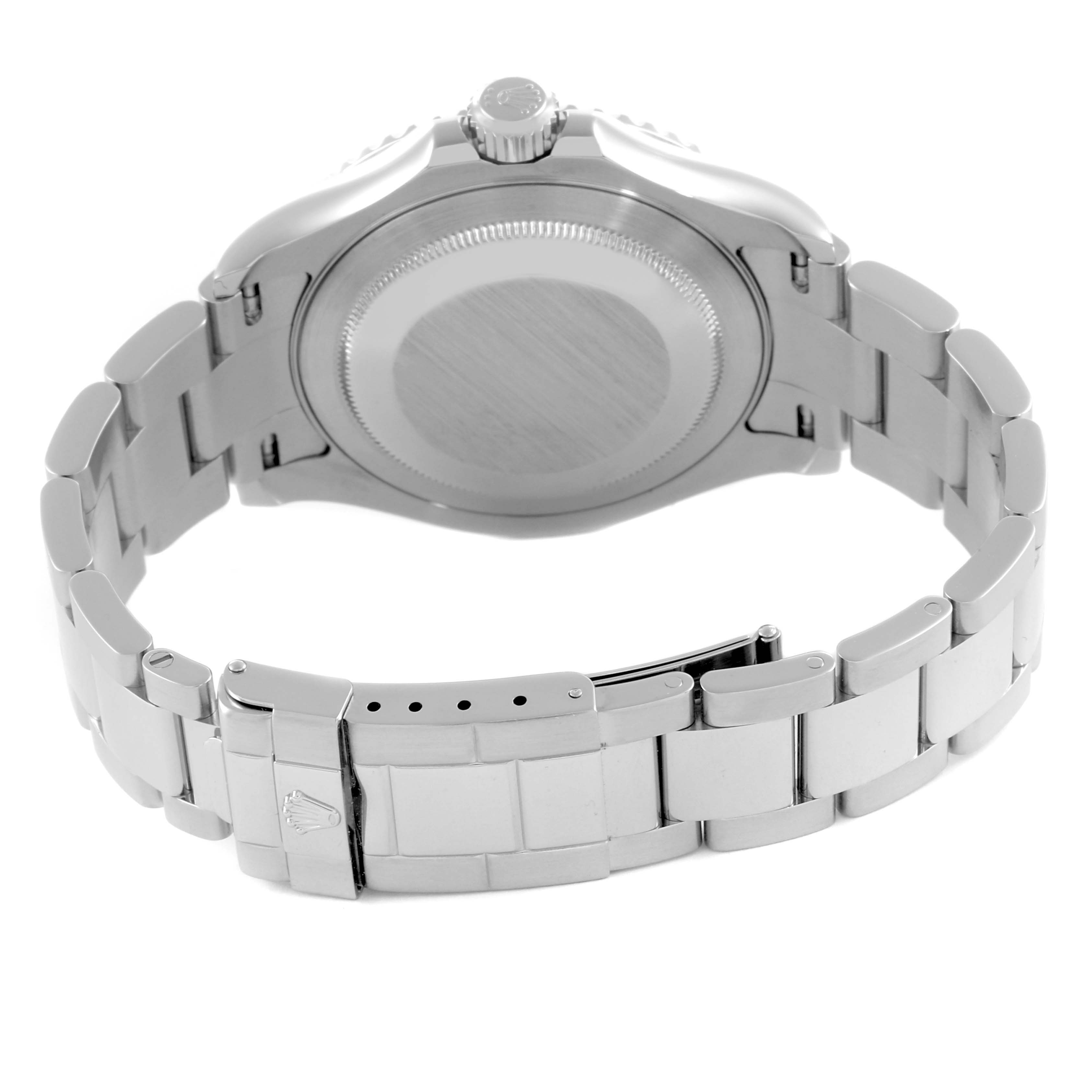 The image shows the back view of a Rolex Yacht-Master 16622 Men
s Stainless Steel Silver Dial 16622 Men
s Stainless Steel Silver Dial watch, highlighting its stainless steel bracelet and clasp.
