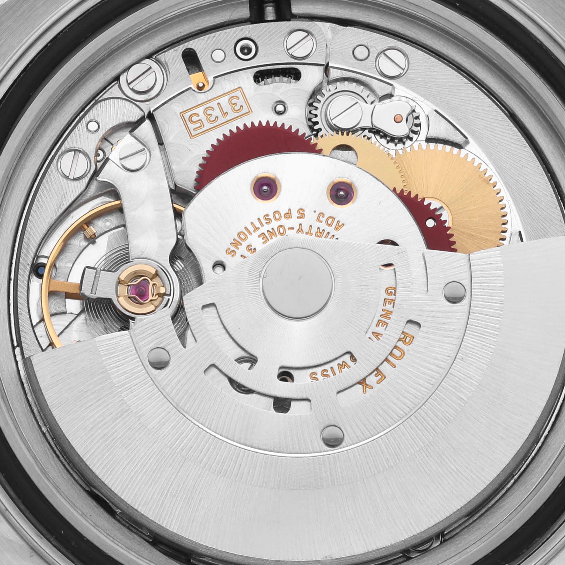 This image shows the detailed internal movement of a Rolex Yacht-Master 16622 Men
s Stainless Steel Silver Dial 16622 Men
s Stainless Steel Silver Dial watch from a top-down angle.