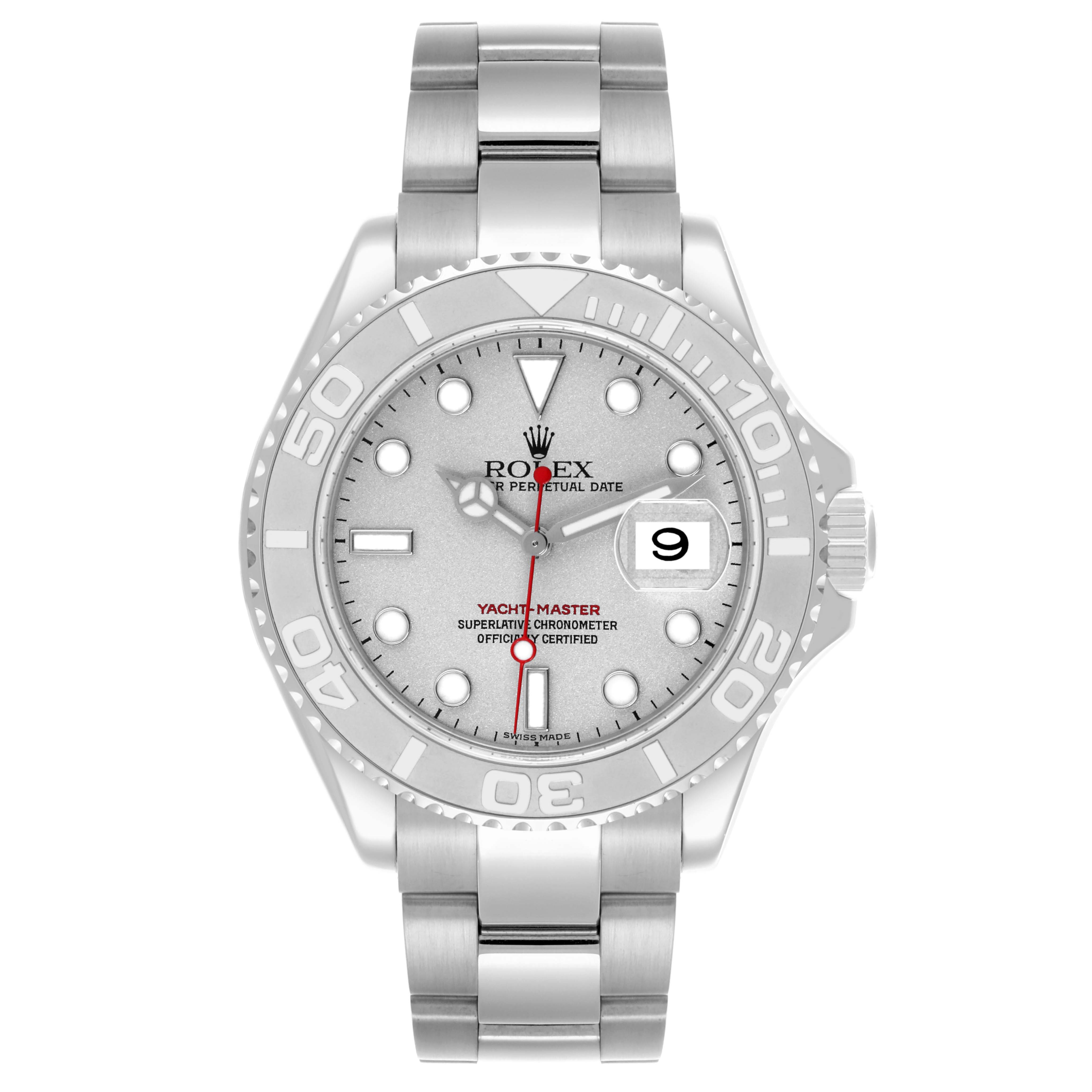The Rolex Yacht-Master 16622 Men
s Stainless Steel Silver Dial 16622 Men
s Stainless Steel Silver Dial watch is shown in a front view, displaying the dial, bezel, and bracelet.
