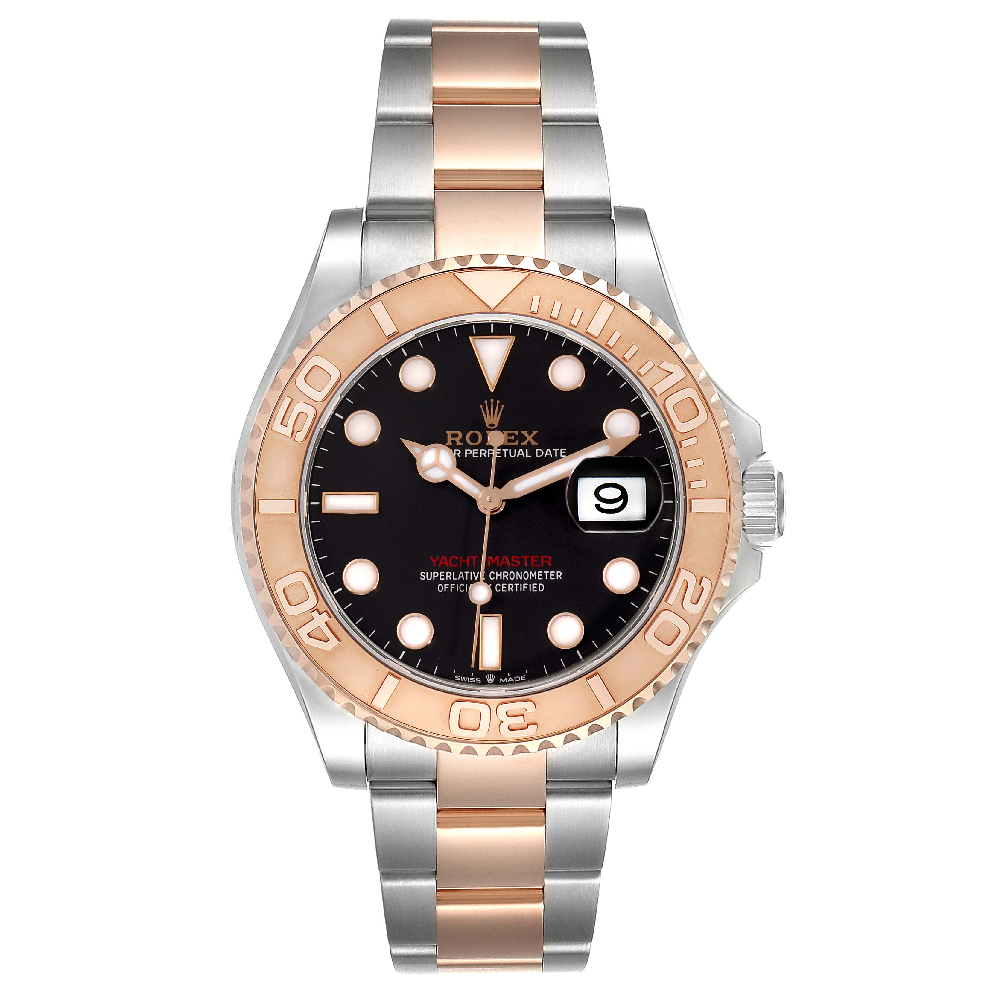 The Rolex Yacht-Master 126621 Men's Steel and Gold (two tone) Black Dial 126621 Men's Steel and Gold (two tone) Black Dial watch is shown from a front angle, displaying the dial, bezel, and bracelet.