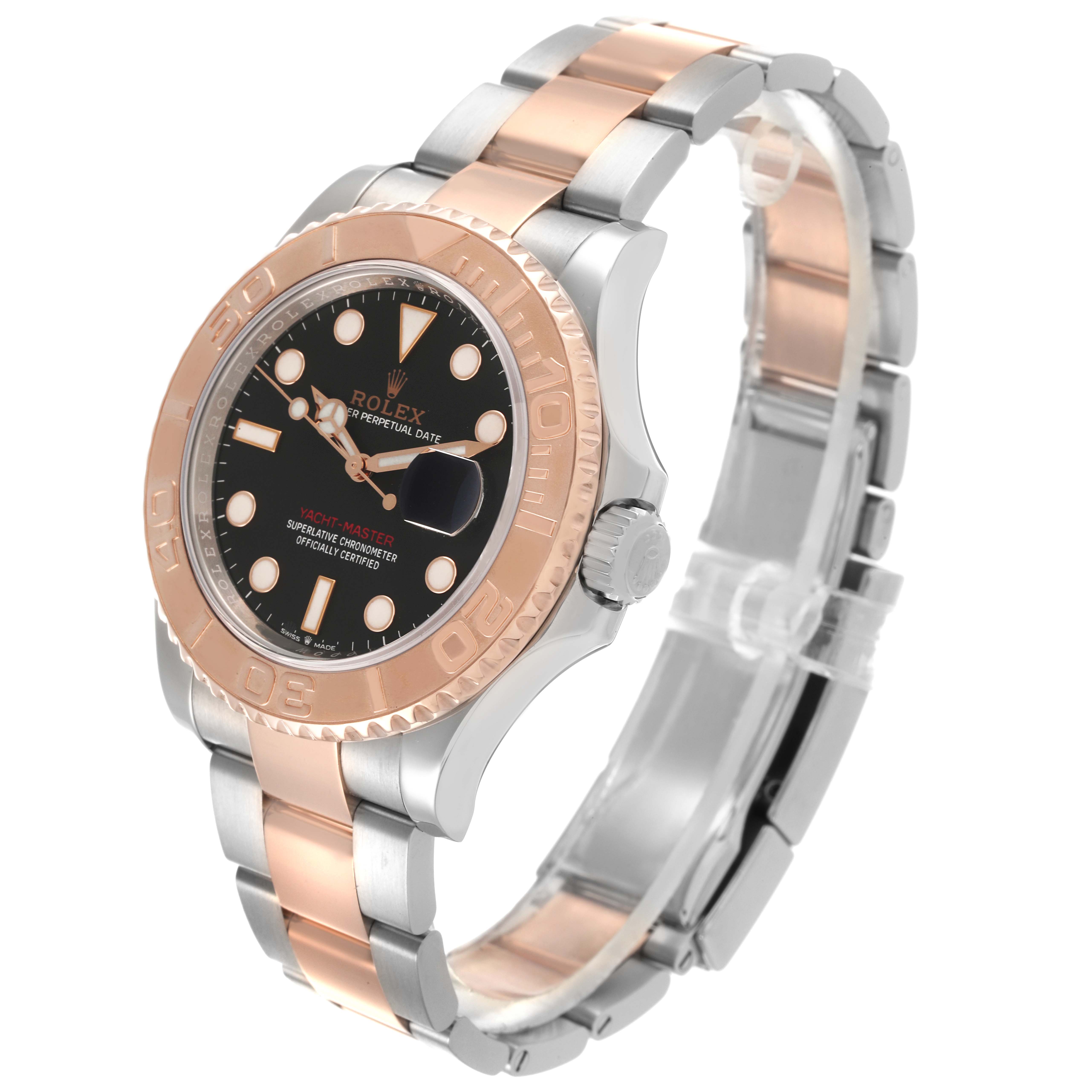 The Rolex Yacht-Master 126621 Men's Steel and Gold (two tone) Black Dial 126621 Men's Steel and Gold (two tone) Black Dial is shown from a front-side angle, highlighting its rose gold bezel, black dial, and two-tone bracelet.