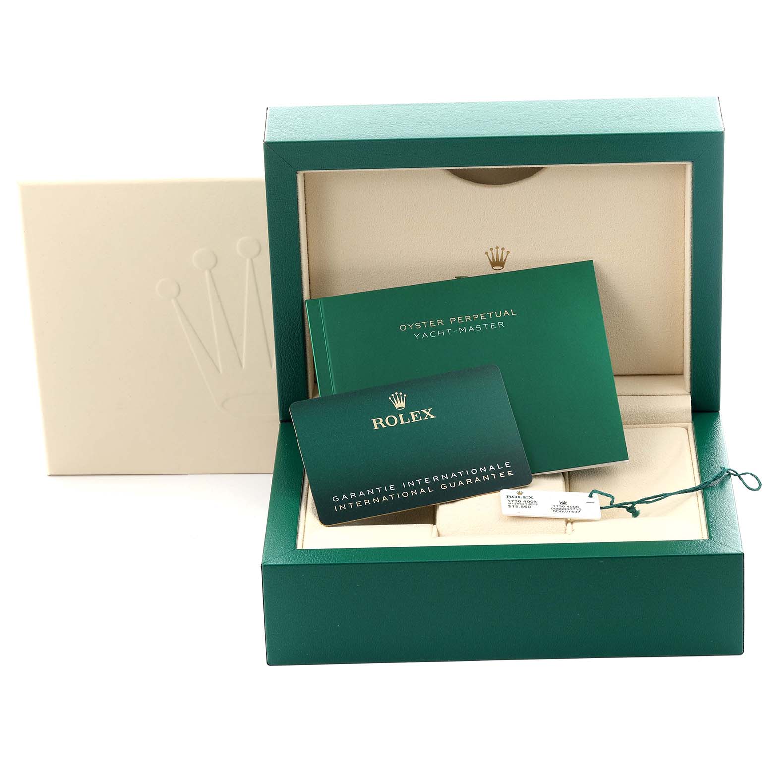 The Rolex Yacht-Master 126621 Men's Steel and Gold (two tone) Black Dial 126621 Men's Steel and Gold (two tone) Black Dial packaging is shown with a watch box, guarantee card, and manuals.