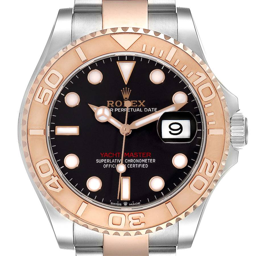 The Rolex Yacht-Master watch is shown from the front, displaying the face, bezel, and part of the bracelet.