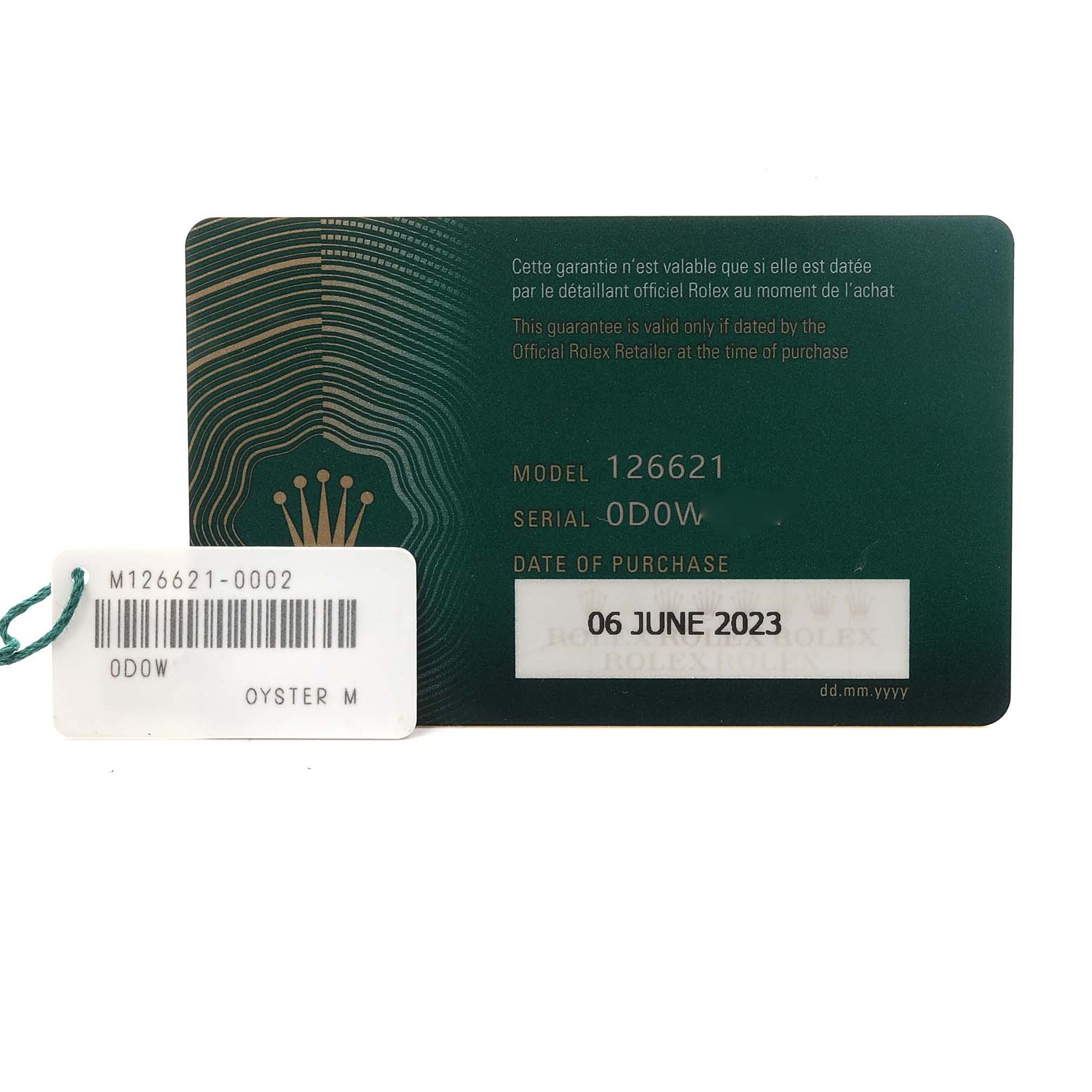 The image shows a Rolex Yacht-Master 126621 Men's Steel and Gold (two tone) Black Dial 126621 Men's Steel and Gold (two tone) Black Dial model 126621 warranty card and tag.