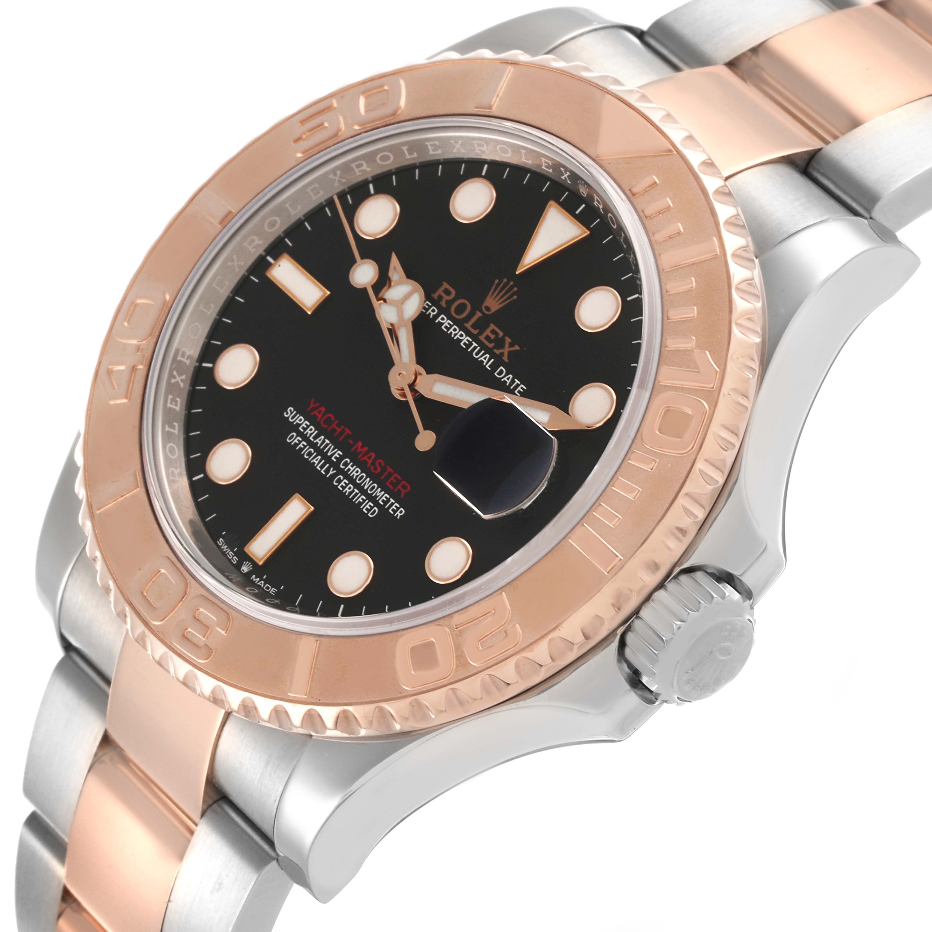 The Rolex Yacht-Master 126621 Men's Steel and Gold (two tone) Black Dial 126621 Men's Steel and Gold (two tone) Black Dial watch is shown at an angle highlighting the bezel, dial, and crown, with a view of the bracelet links.