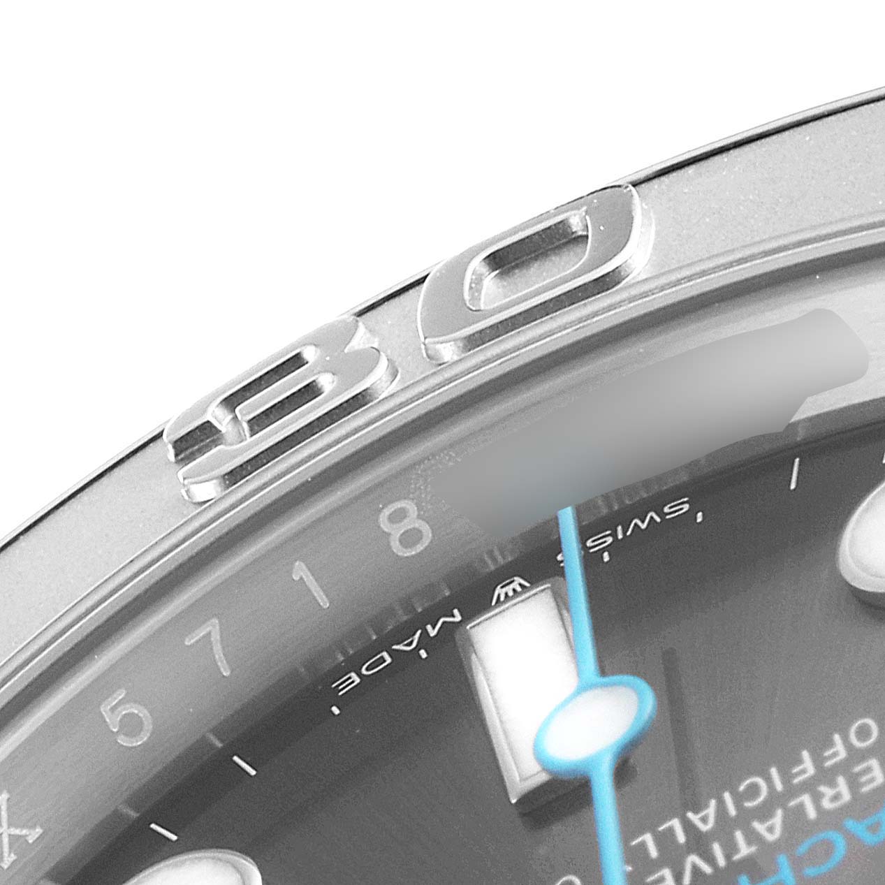 The image shows a close-up angle of the Rolex Yacht-Master 126622 Men's Stainless Steel Grey Dial 126622 Men's Stainless Steel Grey Dial watch's dial and bezel, highlighting the minute markings.