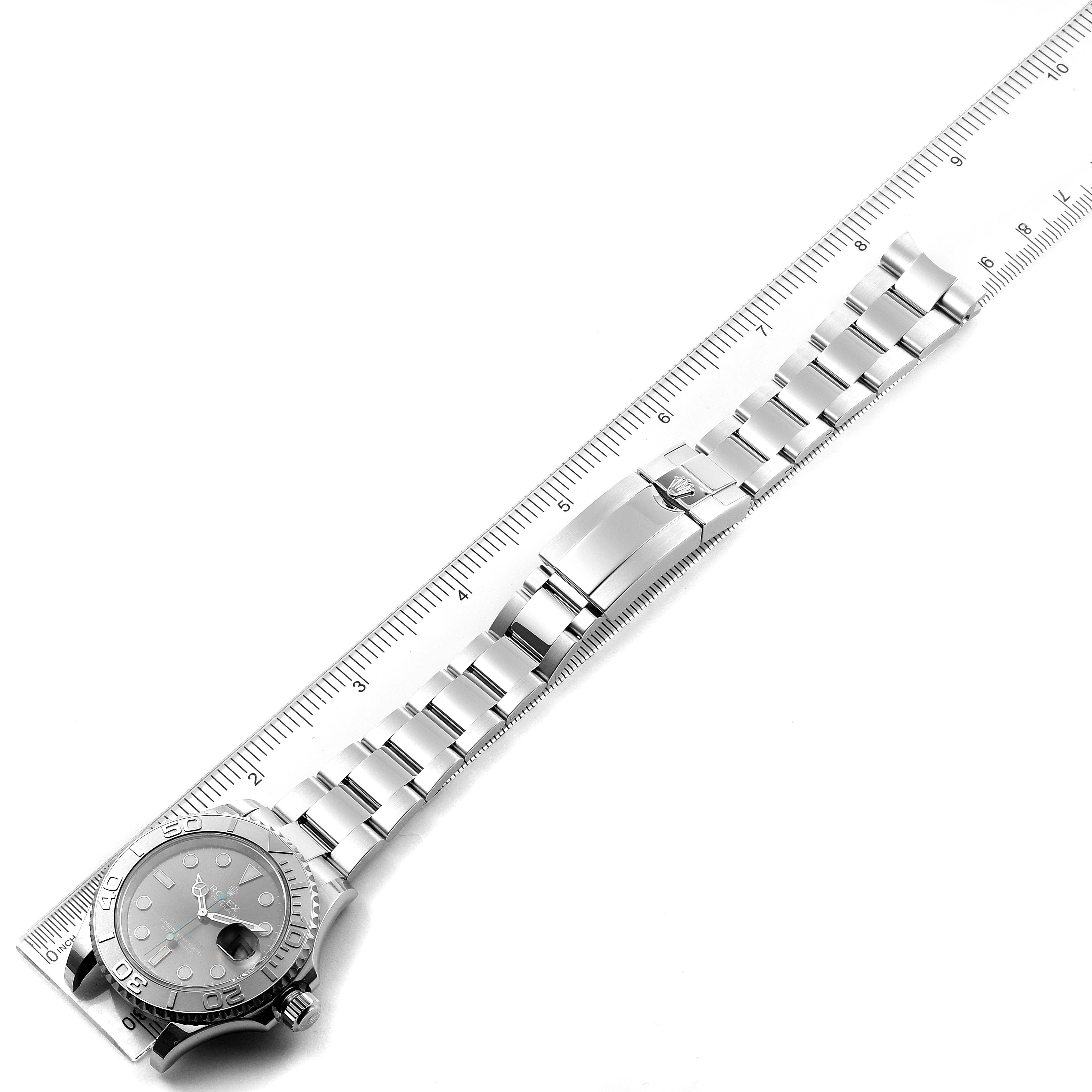 The image shows a Rolex Yacht-Master 126622 Men's Stainless Steel Grey Dial 126622 Men's Stainless Steel Grey Dial watch laid flat with its bracelet extended along a ruler.