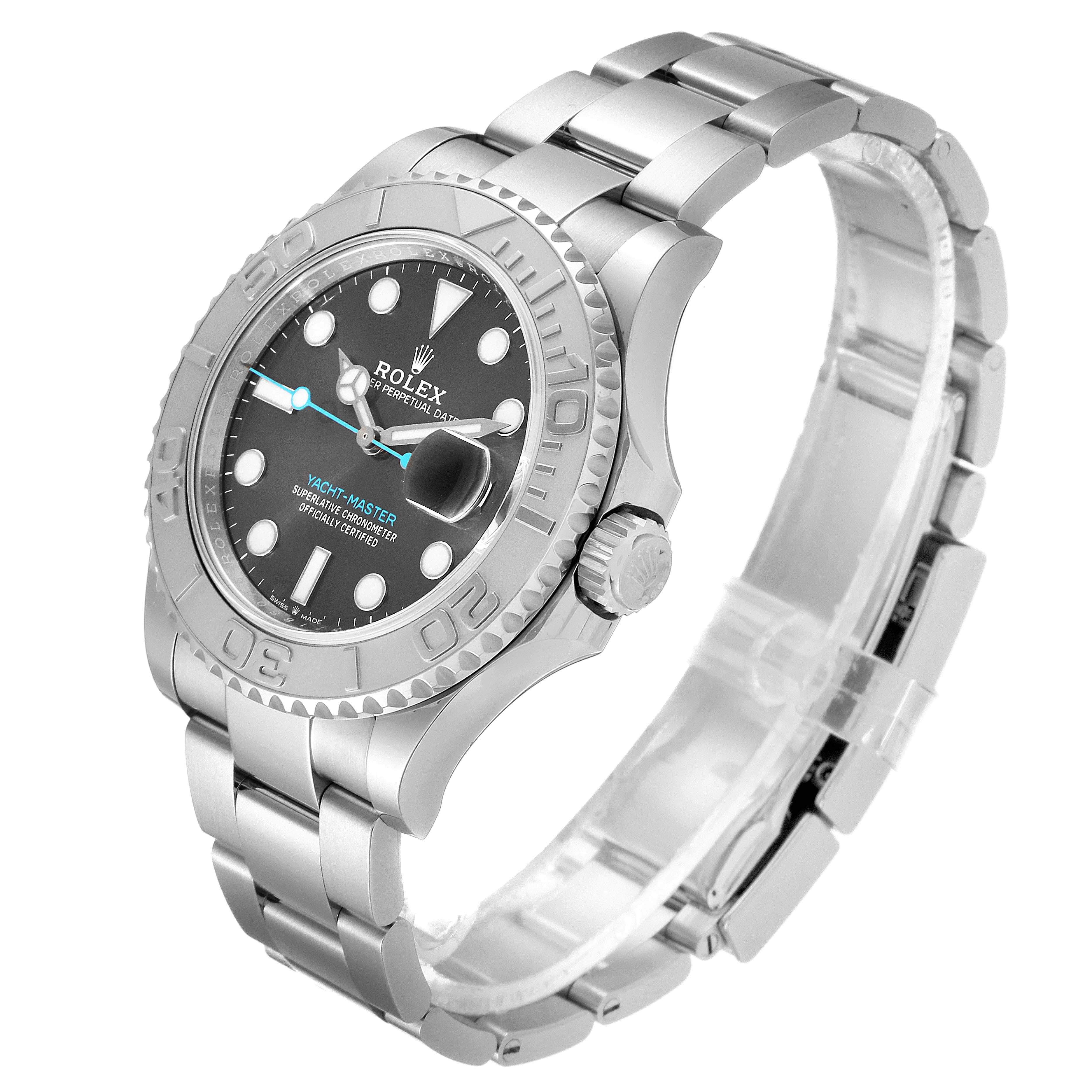 This image shows a side angle of the Rolex Yacht-Master 126622 Men's Stainless Steel Grey Dial 126622 Men's Stainless Steel Grey Dial watch, displaying the bezel, dial, crown, and bracelet.