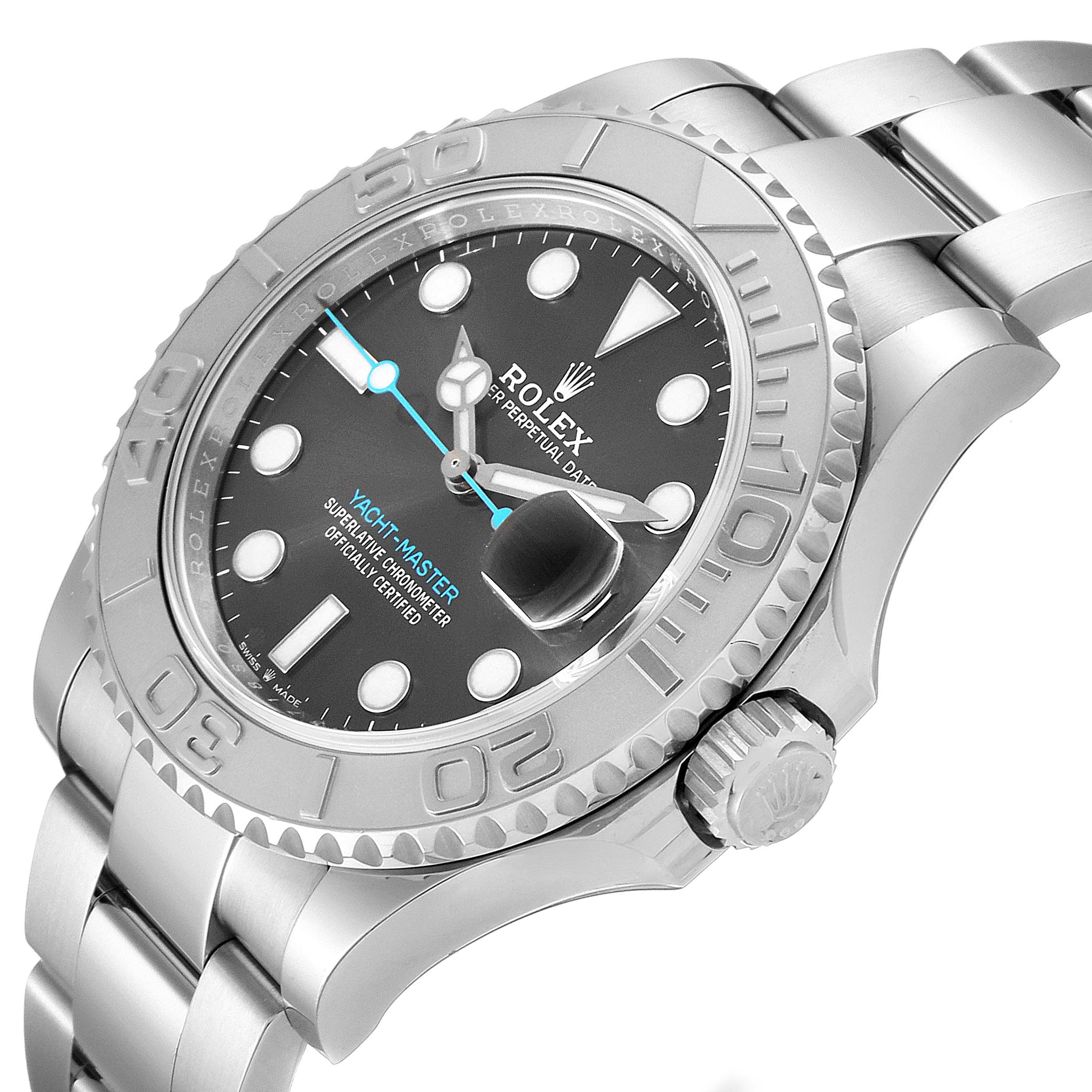 The image shows a close-up view of a Rolex Yacht-Master 126622 Men's Stainless Steel Grey Dial 126622 Men's Stainless Steel Grey Dial watch, highlighting the dial, bezel, crown, and bracelet.