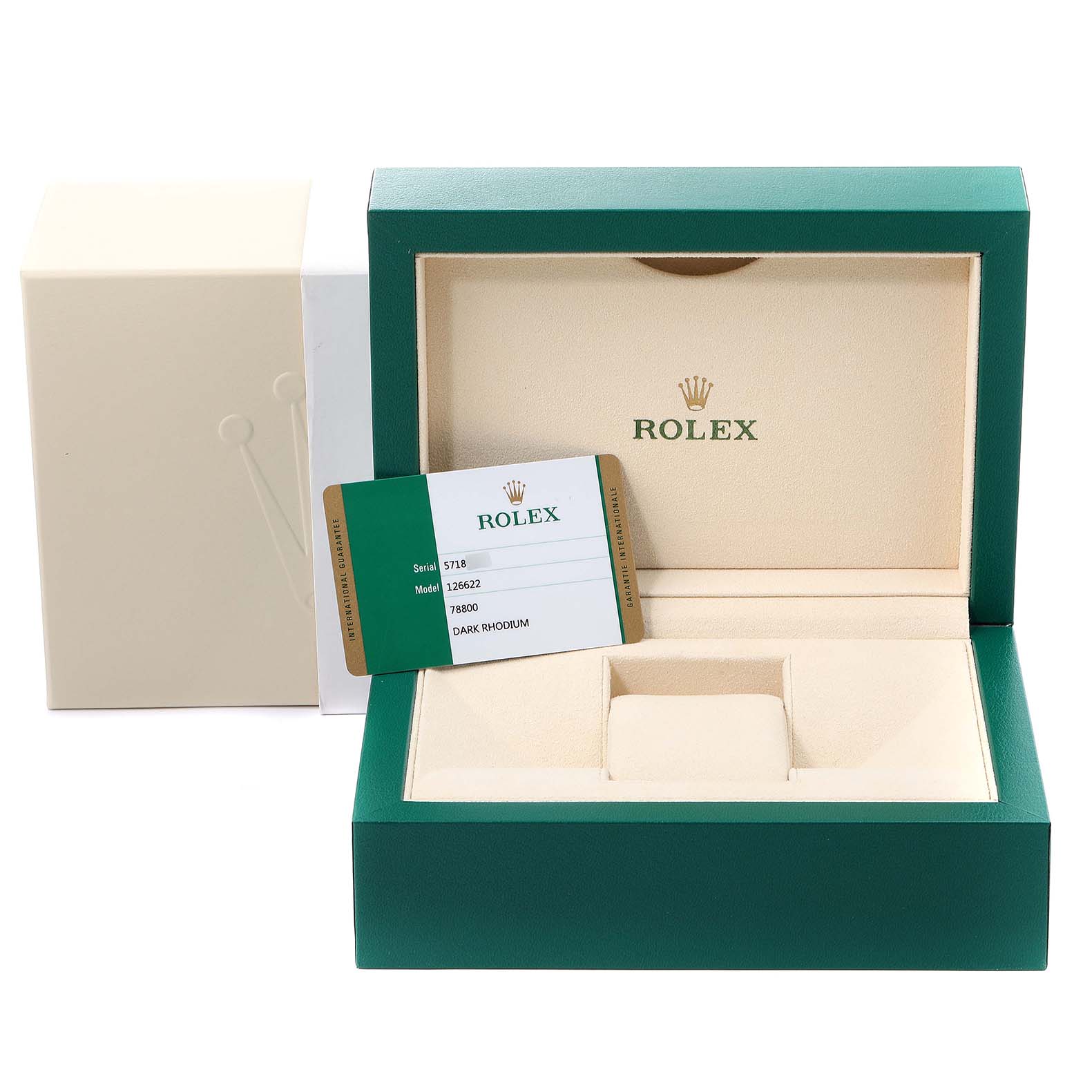 The image shows a Rolex storage box and guarantee card for a Yacht-Master model.