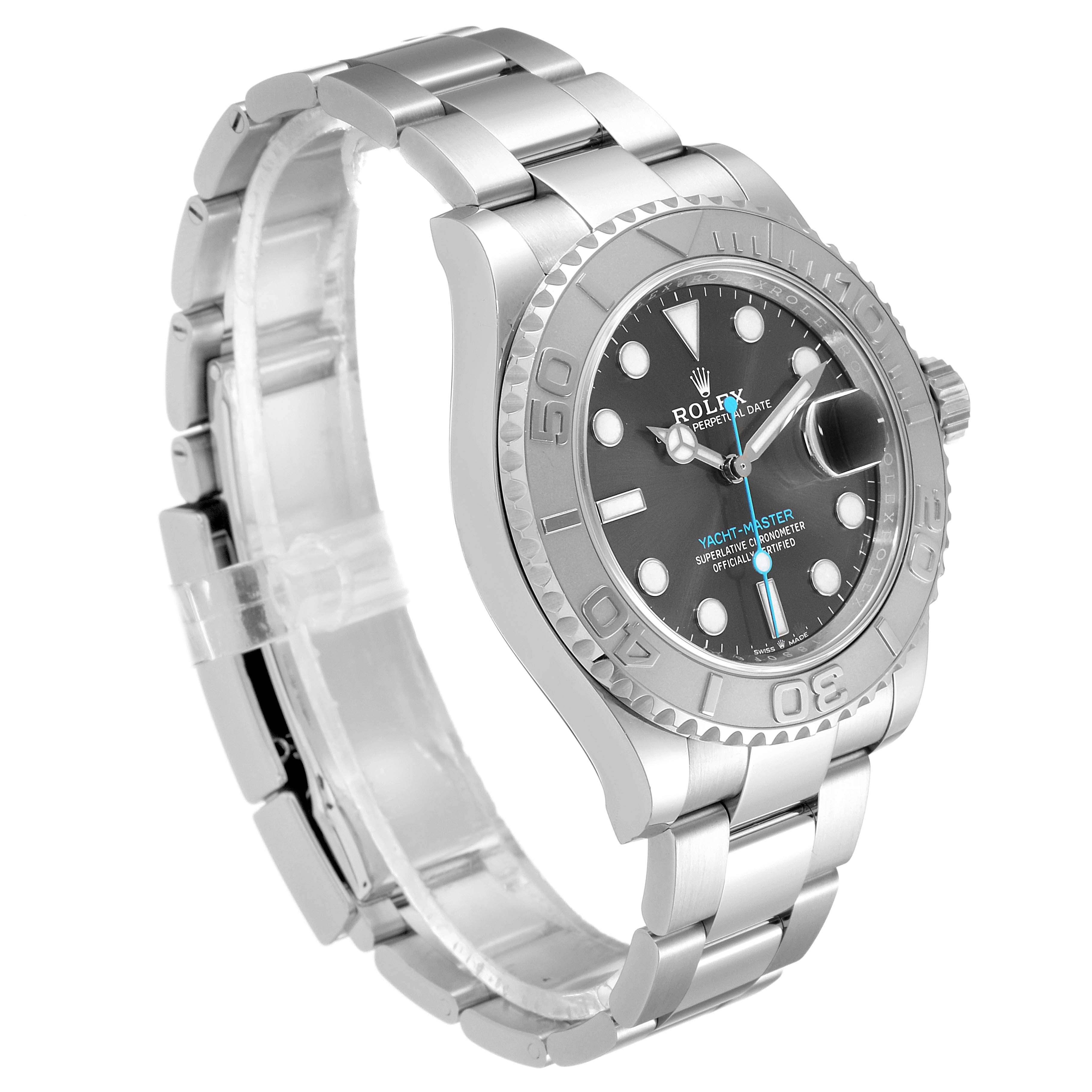 The image shows a side angle of the Rolex Yacht-Master 126622 Men's Stainless Steel Grey Dial 126622 Men's Stainless Steel Grey Dial watch, highlighting its dial, bezel, and metal bracelet.