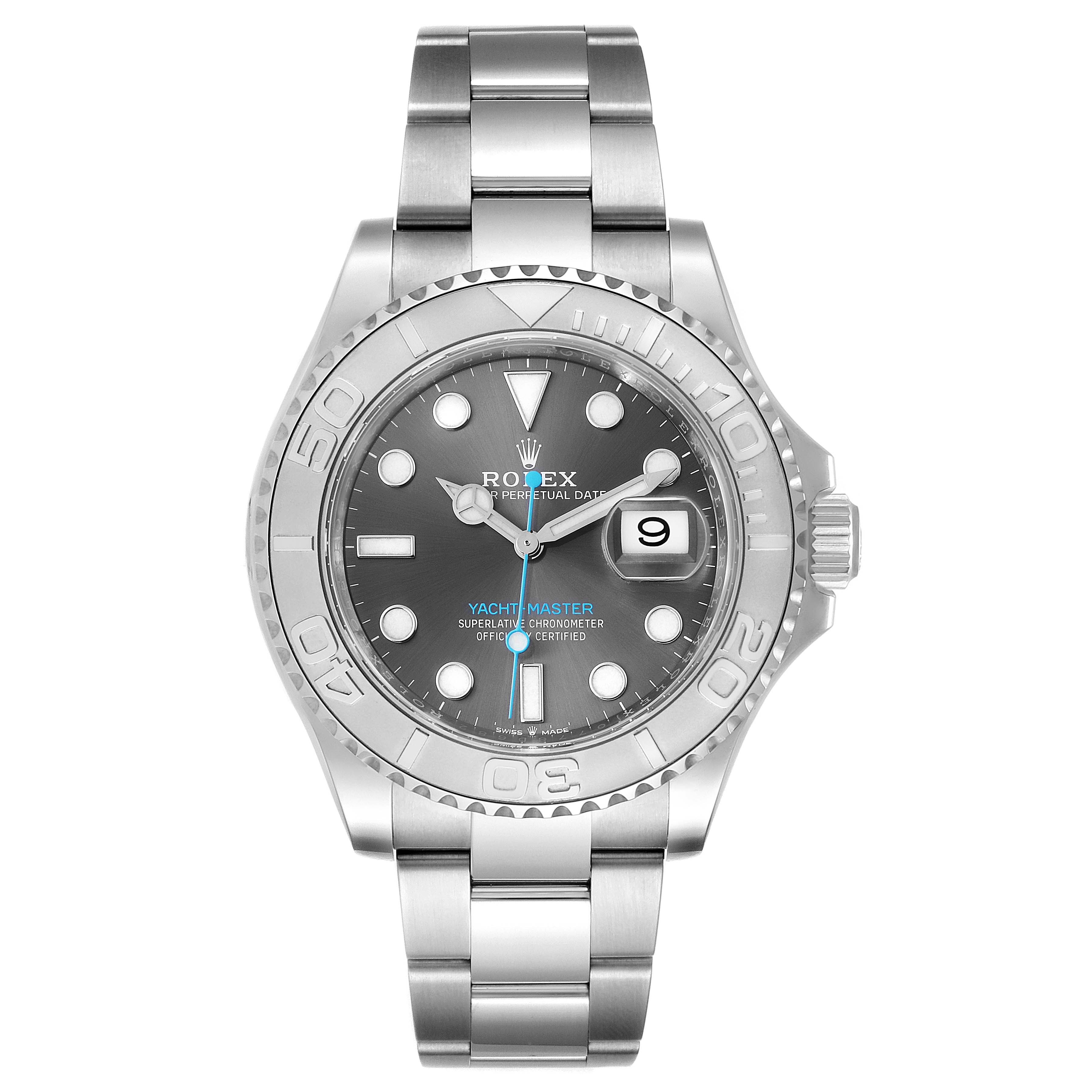 This image shows a front view of the Rolex Yacht-Master 126622 Men's Stainless Steel Grey Dial 126622 Men's Stainless Steel Grey Dial watch, highlighting the dial, bezel, bracelet, and crown.