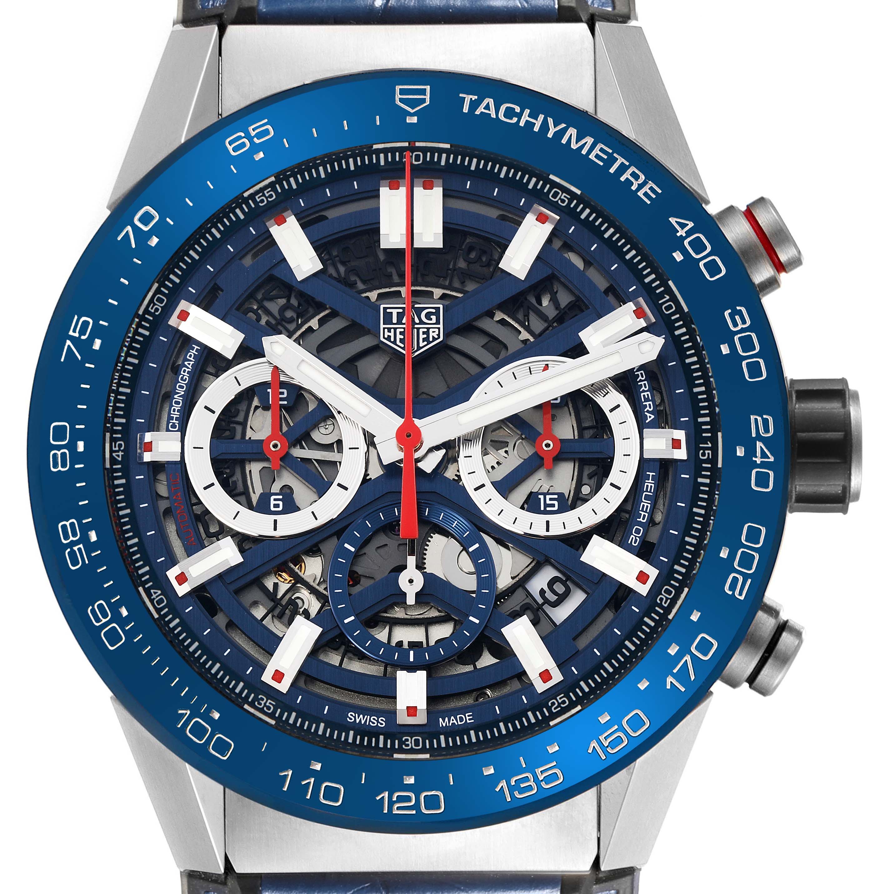 The Tag Heuer Carrera CBG2A11.FC6460 Men's Stainless Steel Blue Dial CBG2A11.FC6460 Men's Stainless Steel Blue Dial watch is shown from the front, highlighting the face, dials, and tachymetric bezel.