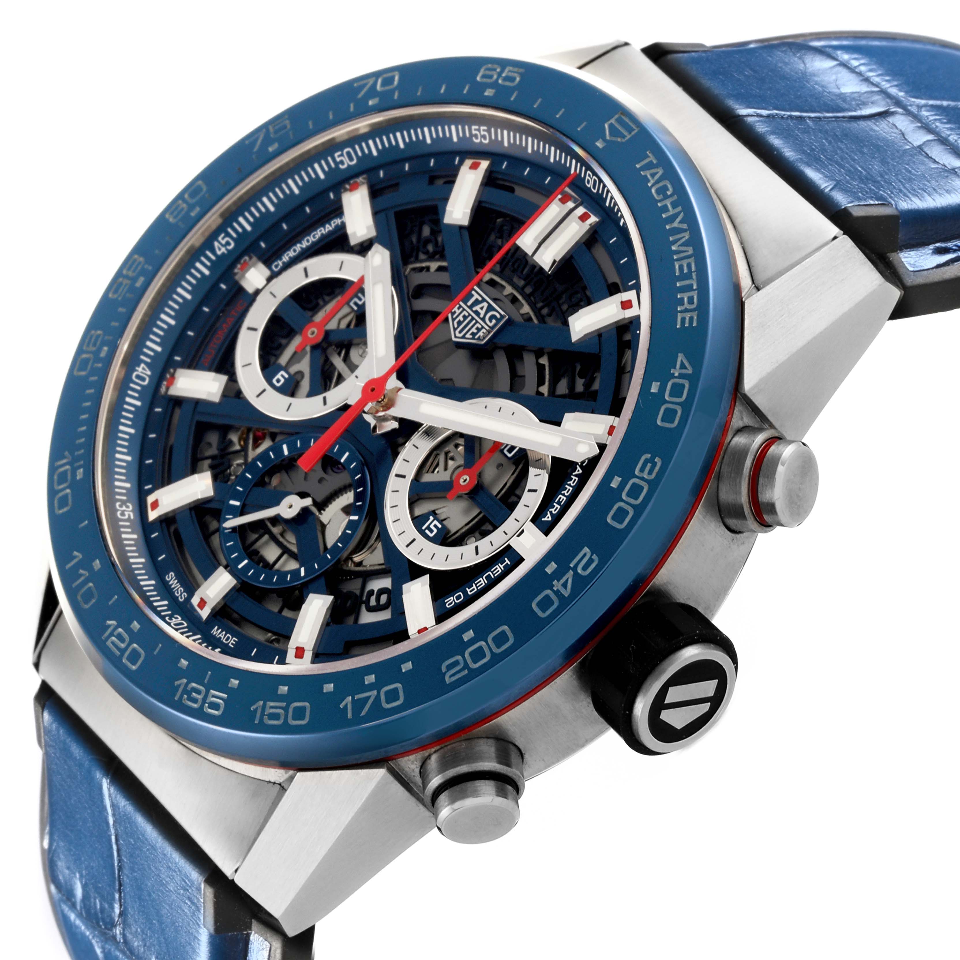 The Tag Heuer Carrera CBG2A11.FC6460 Men's Stainless Steel Blue Dial CBG2A11.FC6460 Men's Stainless Steel Blue Dial watch is shown at a diagonal angle, highlighting the face, bezel, sub-dials, and side push-buttons.