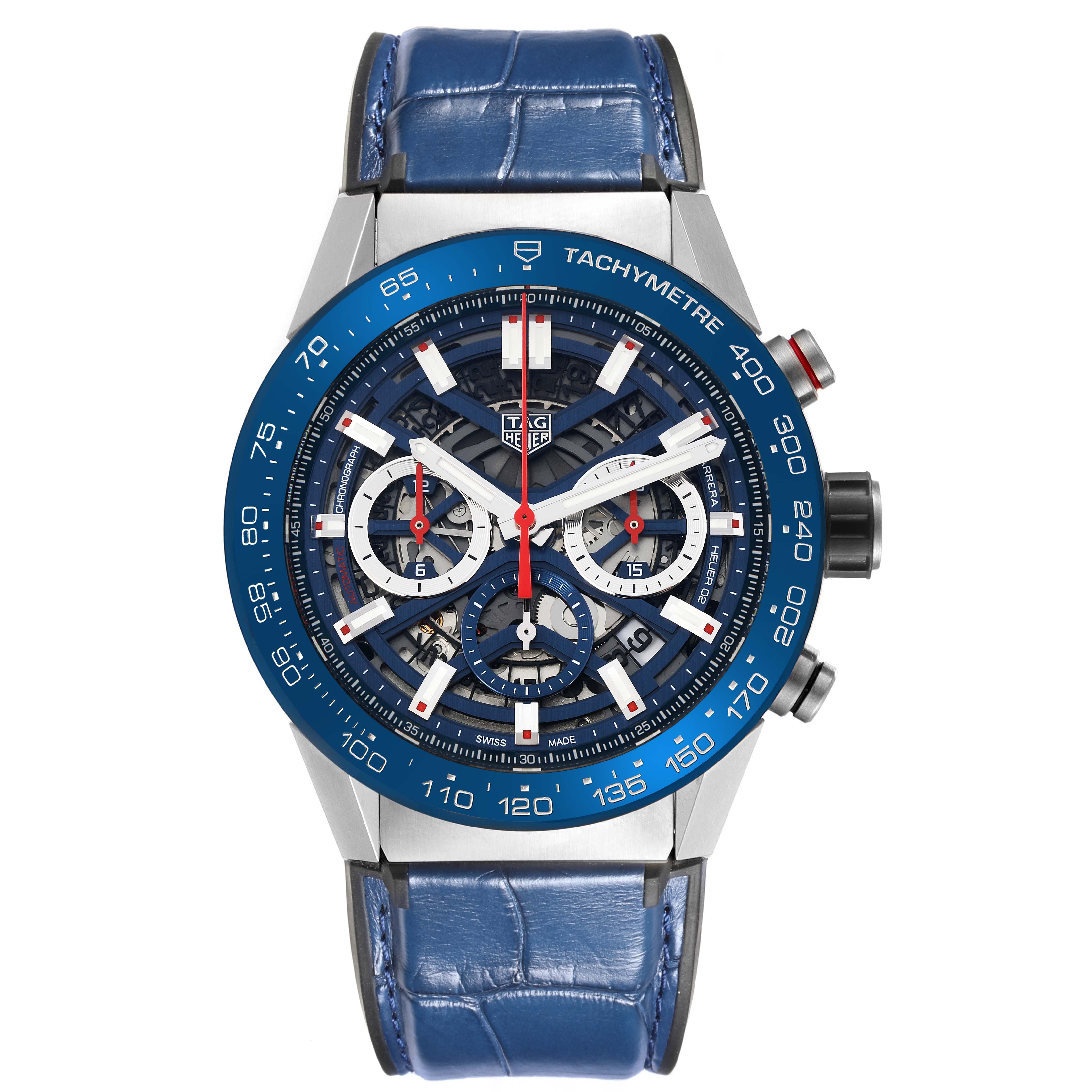 The Tag Heuer Carrera CBG2A11.FC6460 Men's Stainless Steel Blue Dial CBG2A11.FC6460 Men's Stainless Steel Blue Dial watch is shown from a front angle, highlighting the dial, tachymeter, and blue strap.