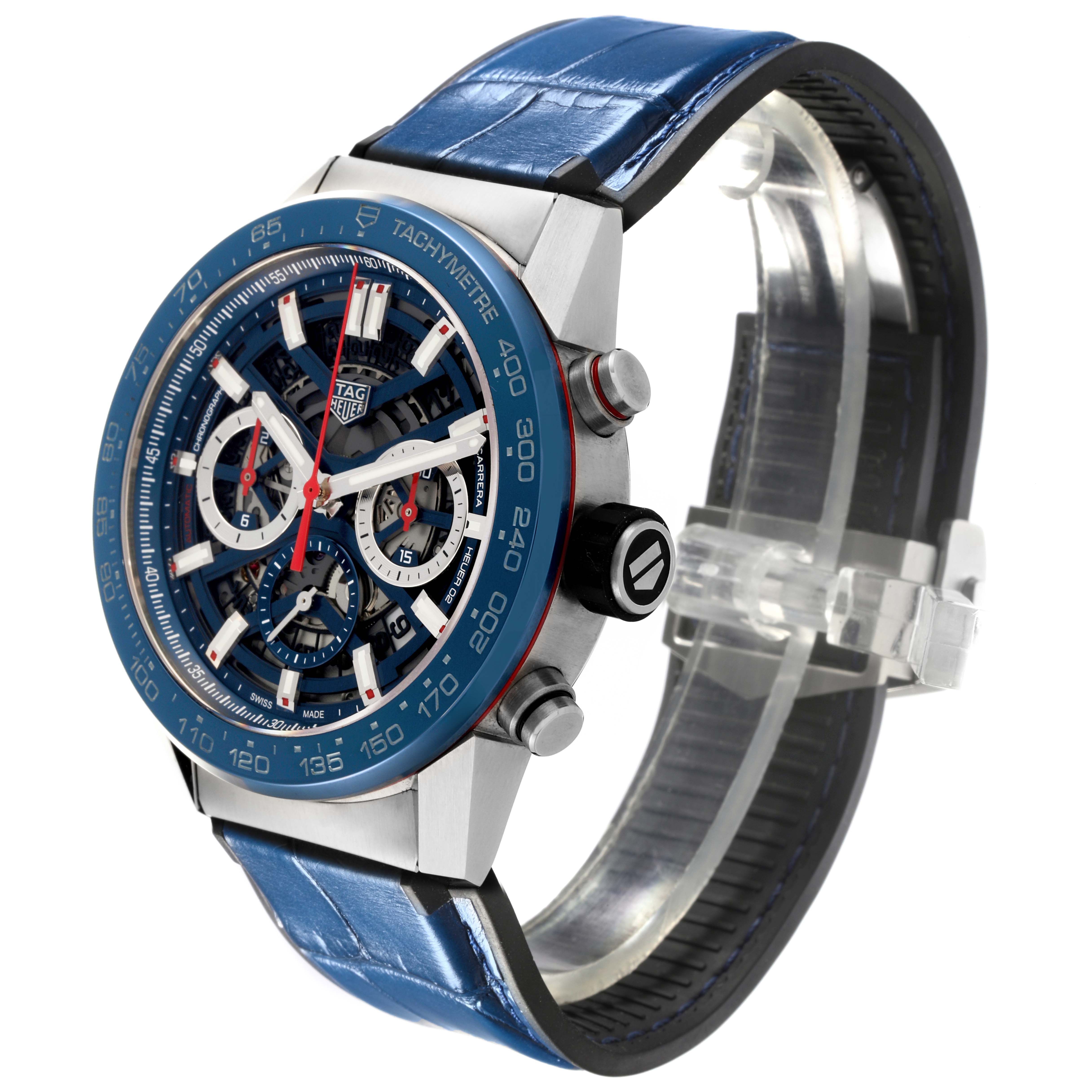 The Tag Heuer Carrera CBG2A11.FC6460 Men's Stainless Steel Blue Dial CBG2A11.FC6460 Men's Stainless Steel Blue Dial watch is shown at a three-quarter angle, highlighting its blue dial, bezel, and leather strap.