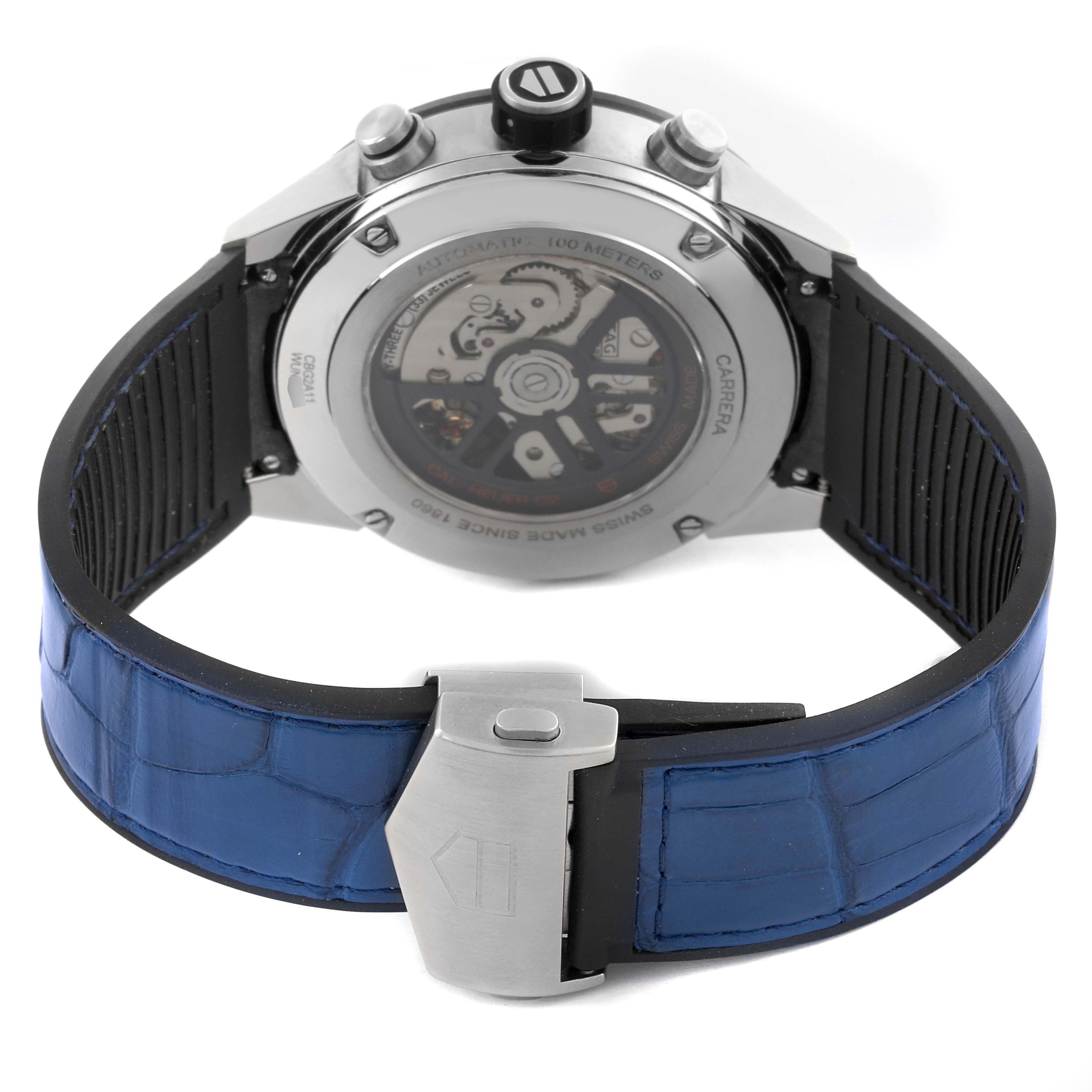 The Tag Heuer Carrera CBG2A11.FC6460 Men's Stainless Steel Blue Dial CBG2A11.FC6460 Men's Stainless Steel Blue Dial watch is shown from the back, highlighting the movement and clasp with a blue strap.