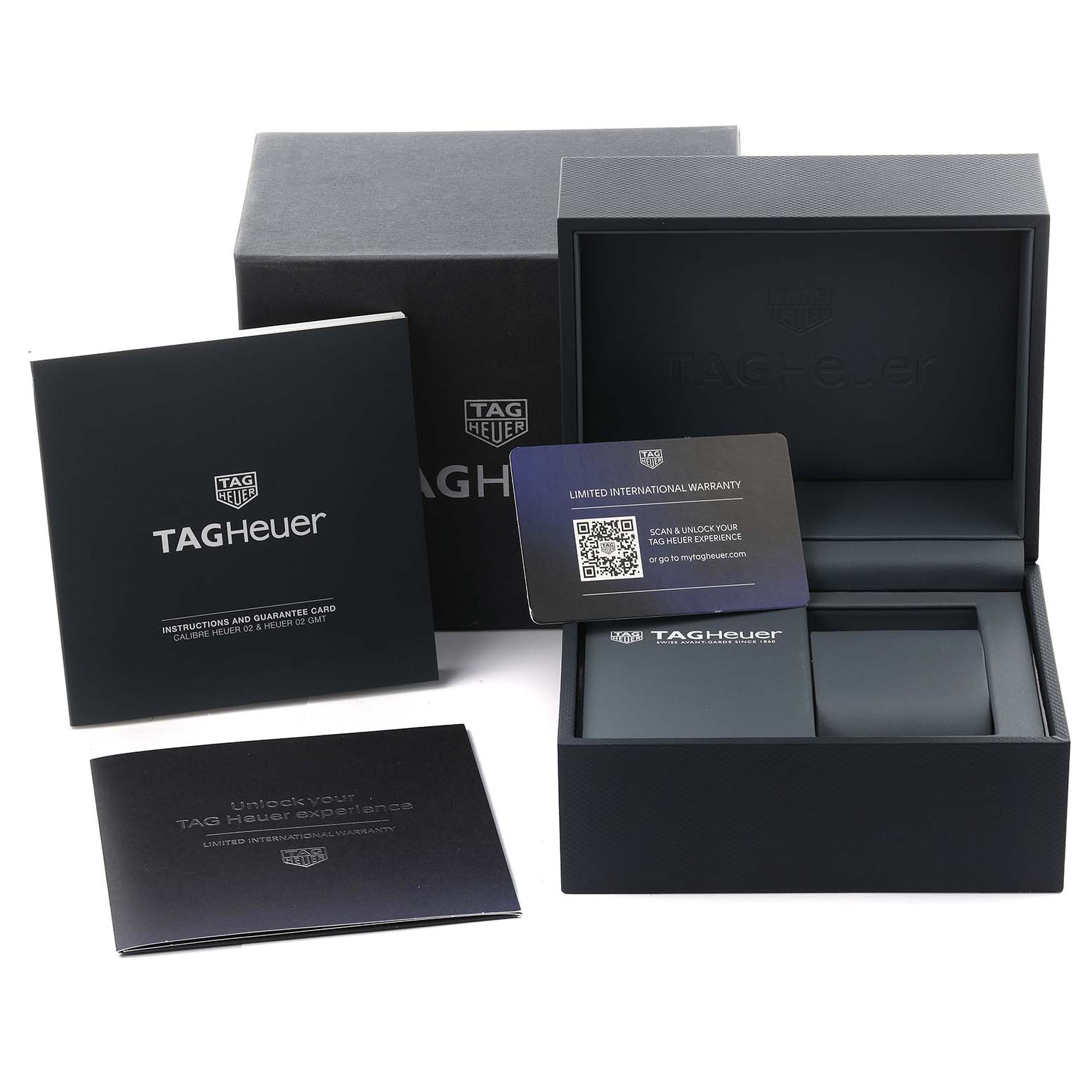 The image shows the packaging for a Tag Heuer Carrera CBG2A11.FC6460 Men's Stainless Steel Blue Dial CBG2A11.FC6460 Men's Stainless Steel Blue Dial, including a box, warranty card, and instruction booklet.