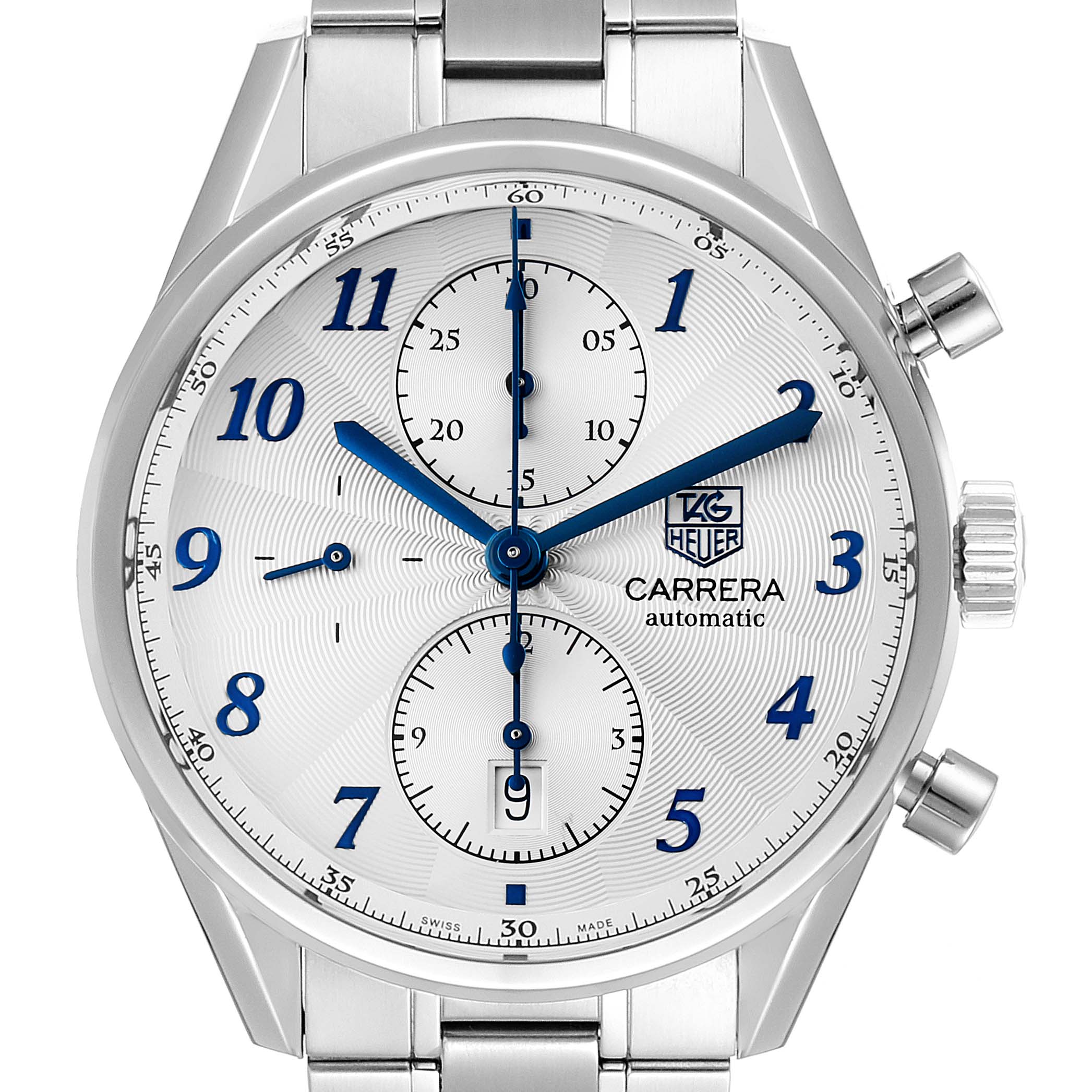 This image shows a front view of a Tag Heuer Carrera CAS2111.BA0730 Men
s Stainless Steel Silver Dial CAS2111.BA0730 Men
s Stainless Steel Silver Dial watch, highlighting its face, hands, subdials, and part of the bracelet.