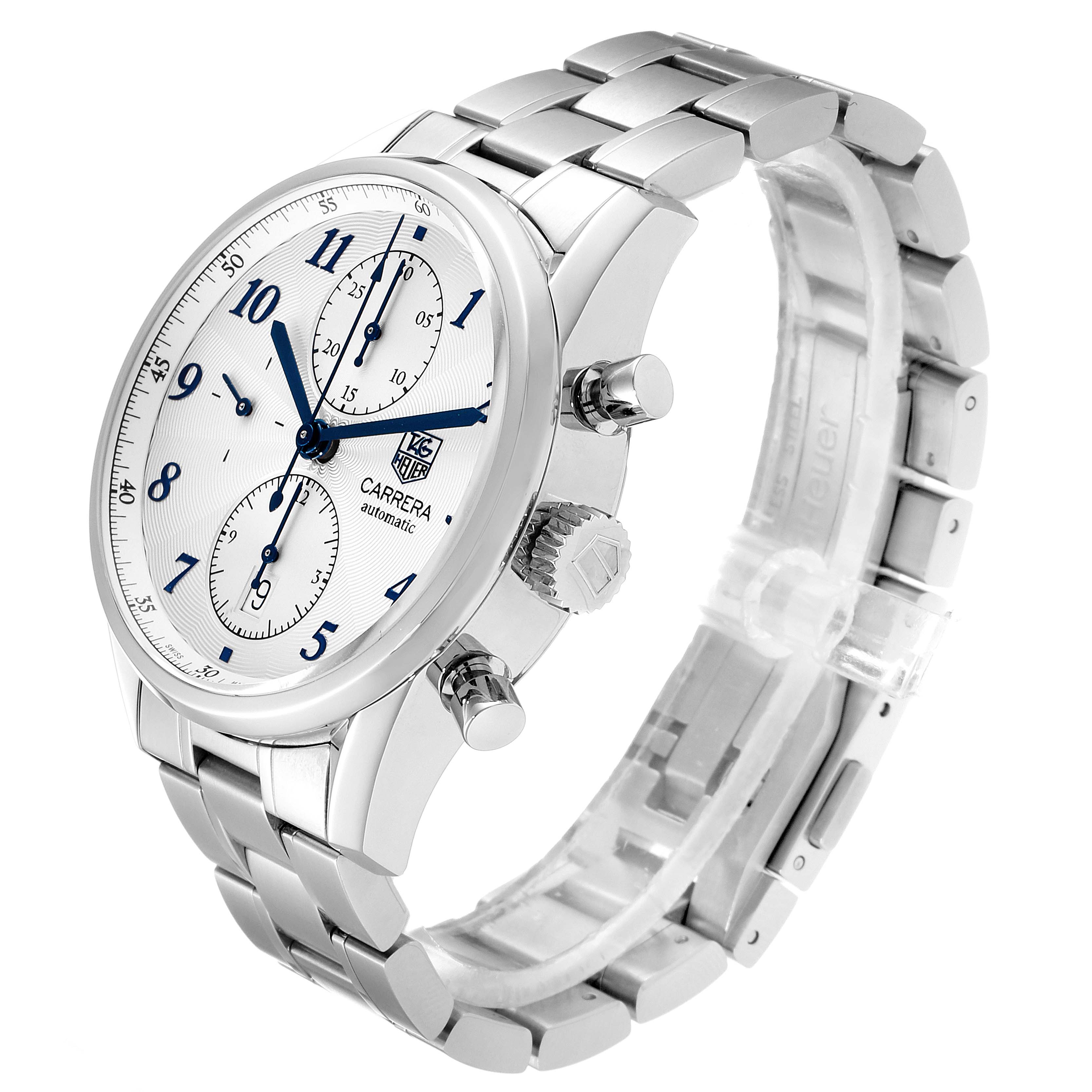 This is a Tag Heuer Carrera CAS2111.BA0730 Men
s Stainless Steel Silver Dial CAS2111.BA0730 Men
s Stainless Steel Silver Dial watch shown at a three-quarter angle, highlighting its face, crown, pushers, and bracelet.