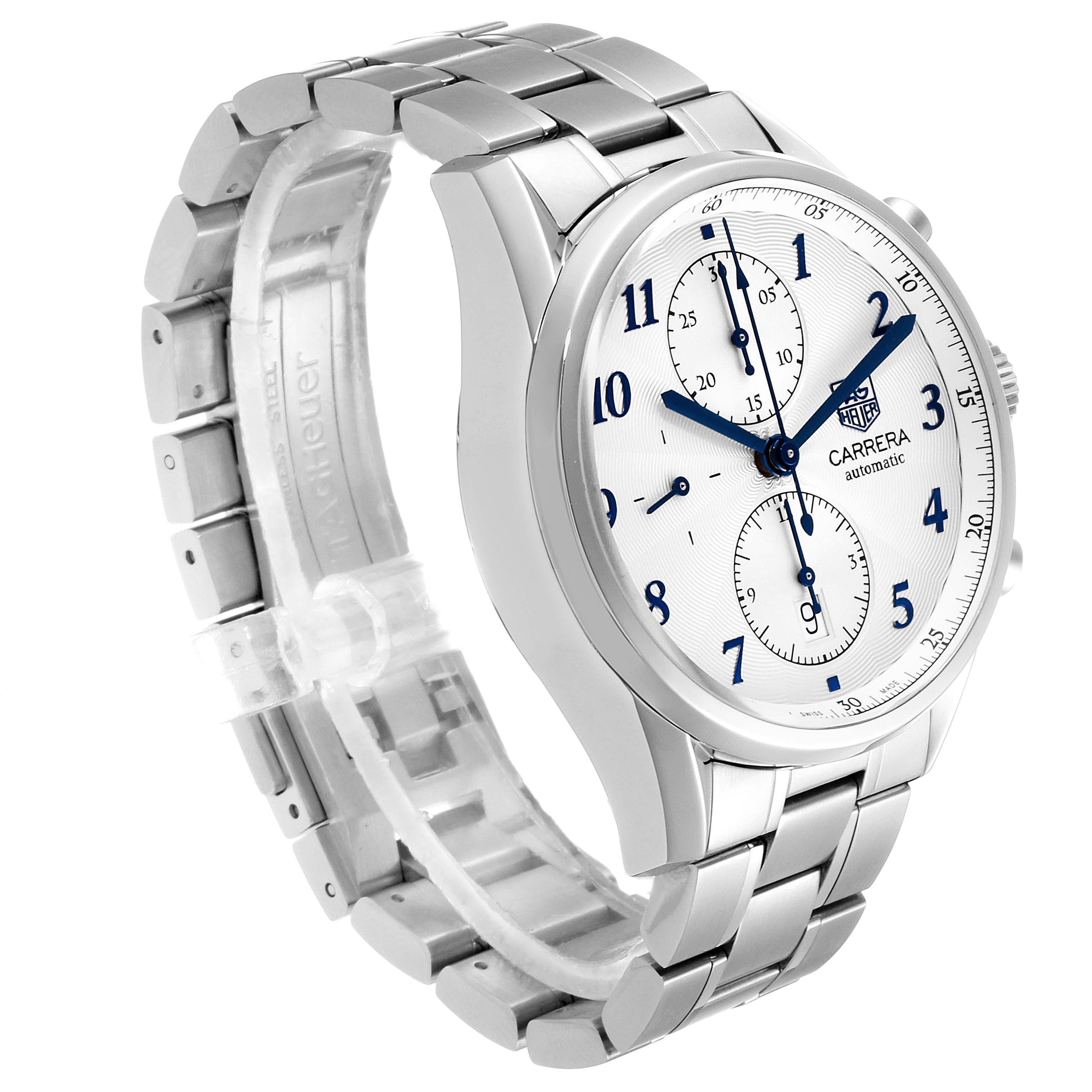 The Tag Heuer Carrera CAS2111.BA0730 Men
s Stainless Steel Silver Dial CAS2111.BA0730 Men
s Stainless Steel Silver Dial watch is shown at a slight angle, displaying its face and bracelet.