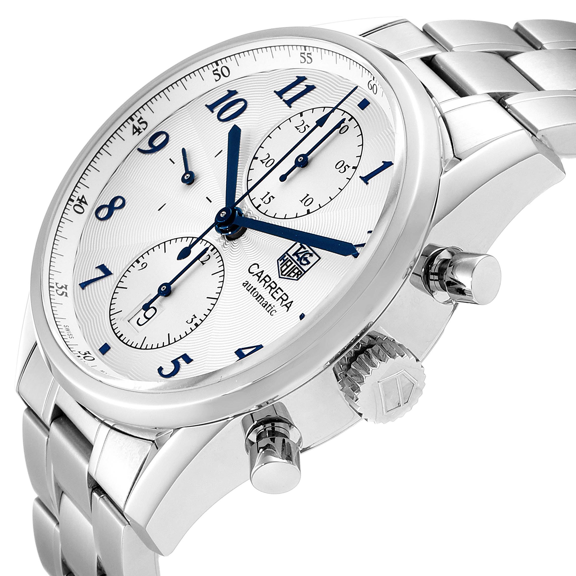 The image shows a close-up side angle of the Tag Heuer Carrera CAS2111.BA0730 Men
s Stainless Steel Silver Dial CAS2111.BA0730 Men
s Stainless Steel Silver Dial watch, highlighting its dial, crown, pushers, and bracelet.