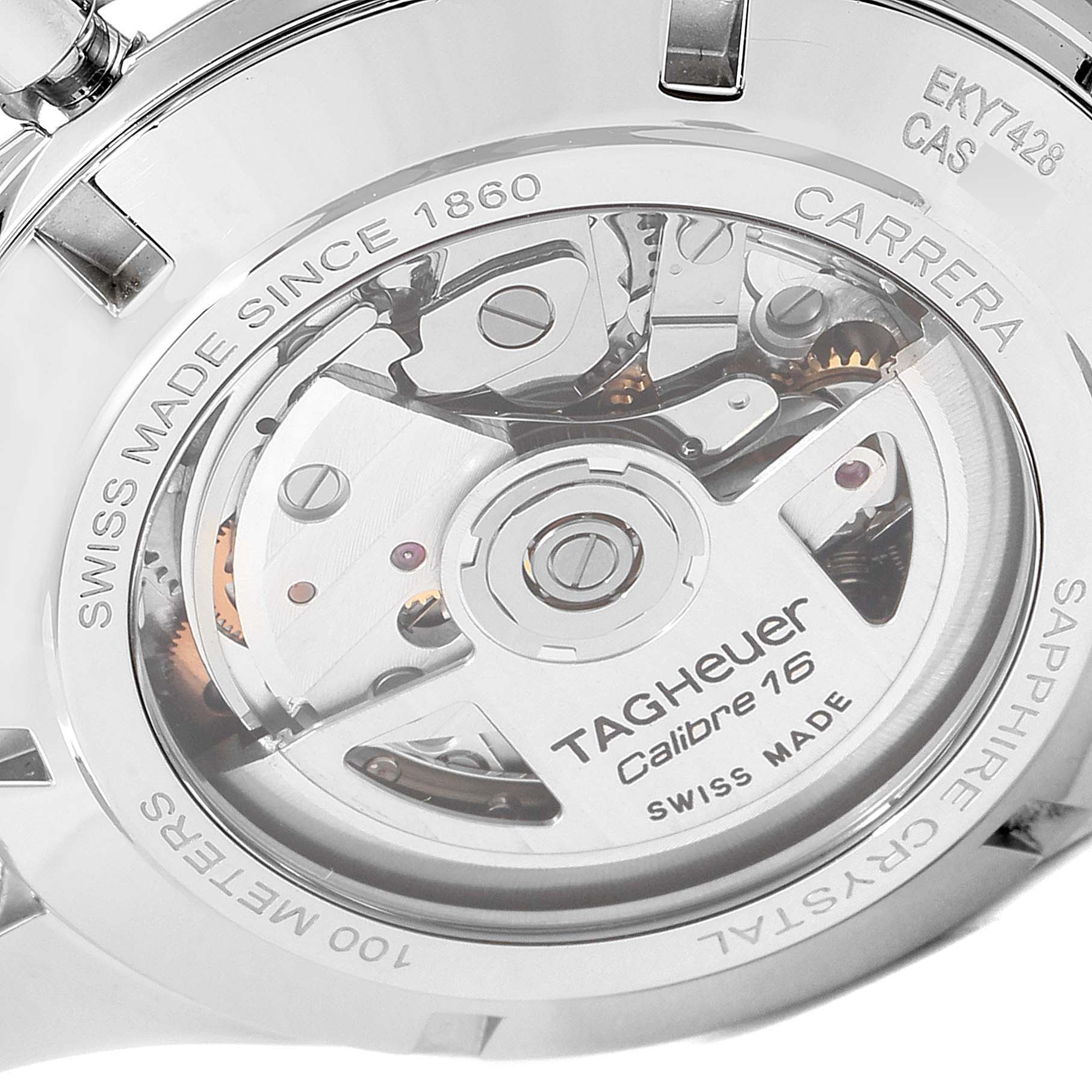 The image shows the back of a Tag Heuer Carrera CAS2111.BA0730 Men
s Stainless Steel Silver Dial CAS2111.BA0730 Men
s Stainless Steel Silver Dial watch, focusing on the Calibre 16 movement and intricate mechanisms.