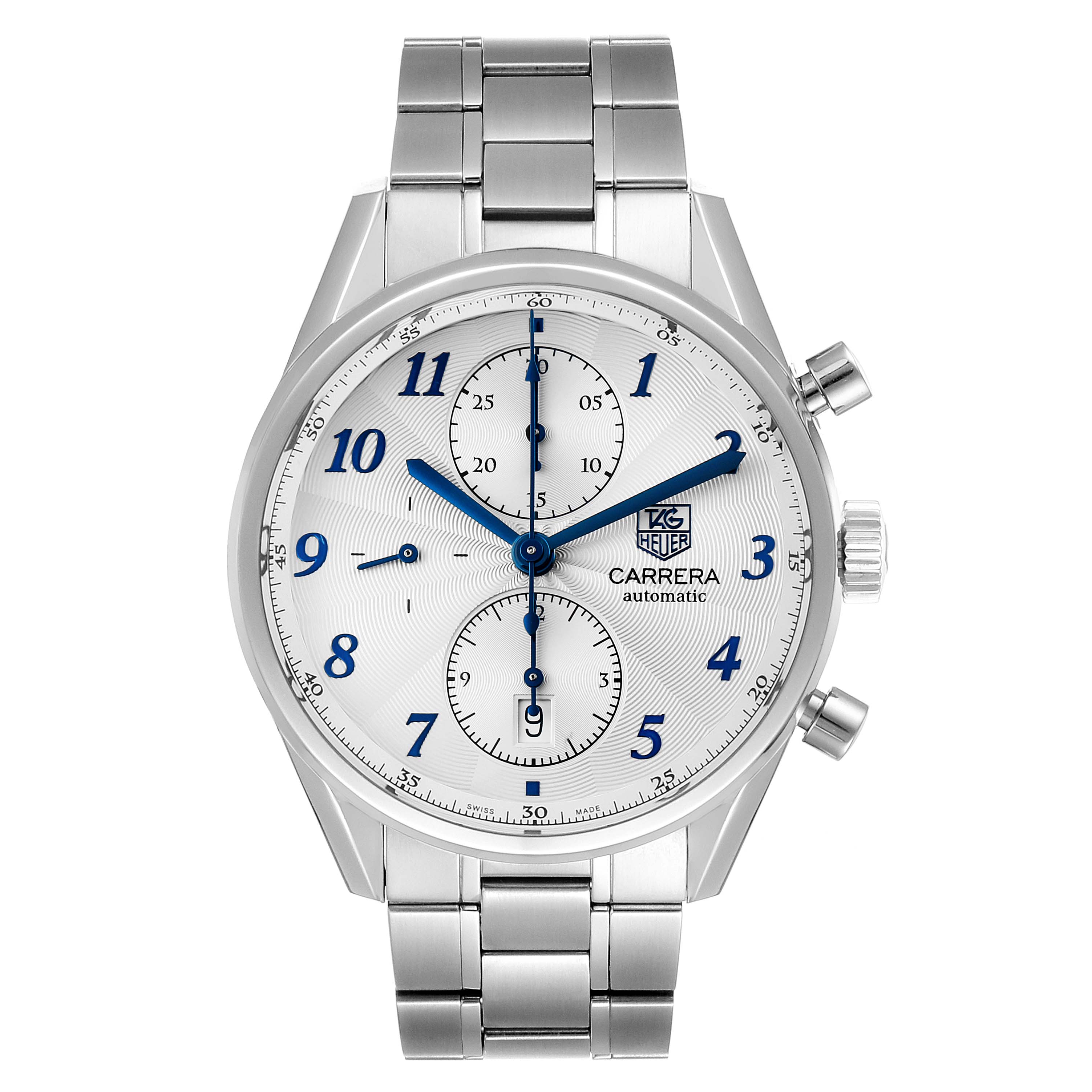 The image shows a front view of a Tag Heuer Carrera CAS2111.BA0730 Men
s Stainless Steel Silver Dial CAS2111.BA0730 Men
s Stainless Steel Silver Dial model watch, featuring a silver band and blue markers.