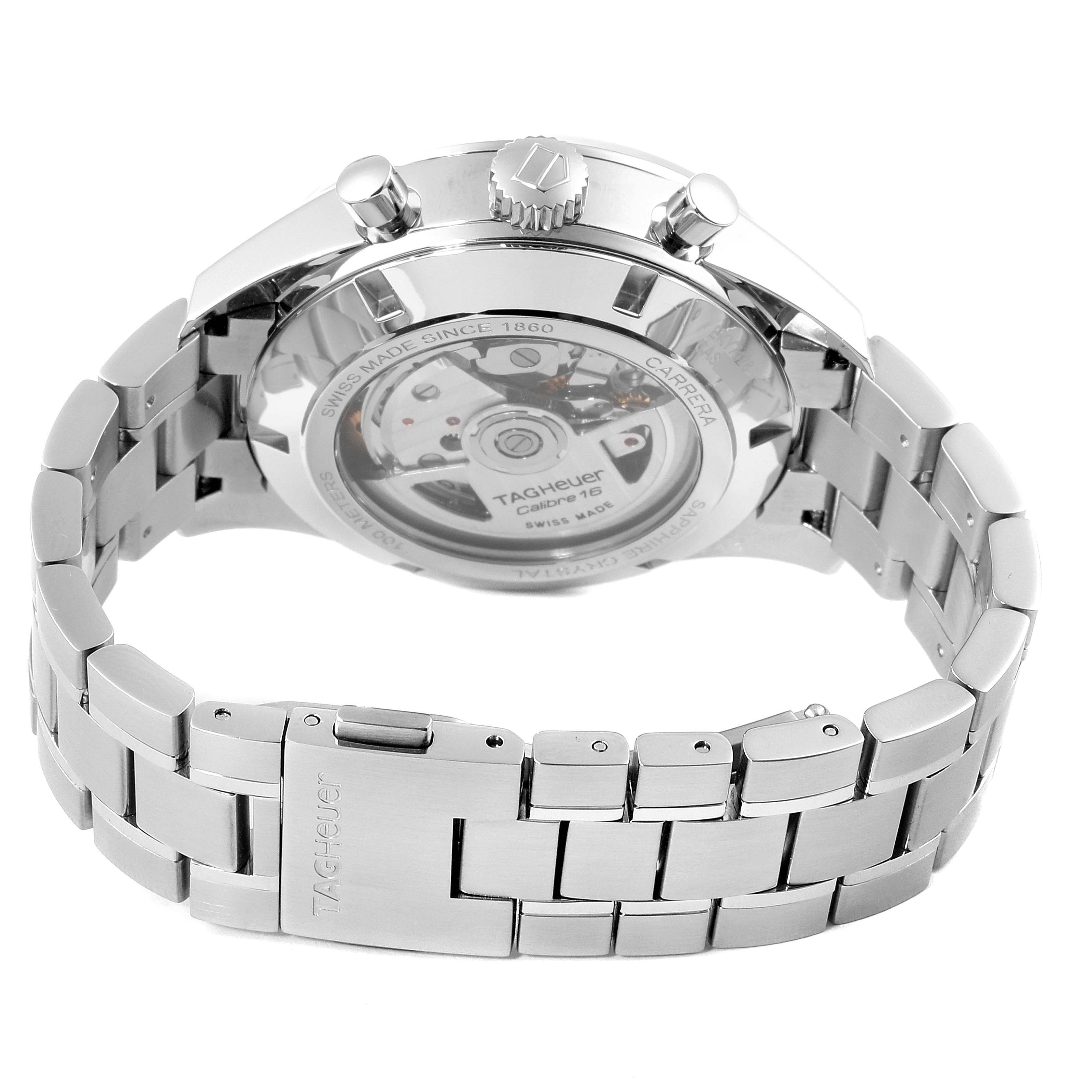 This image shows the back view of the Tag Heuer Carrera CAS2111.BA0730 Men
s Stainless Steel Silver Dial CAS2111.BA0730 Men
s Stainless Steel Silver Dial watch, highlighting the bracelet and the case back.