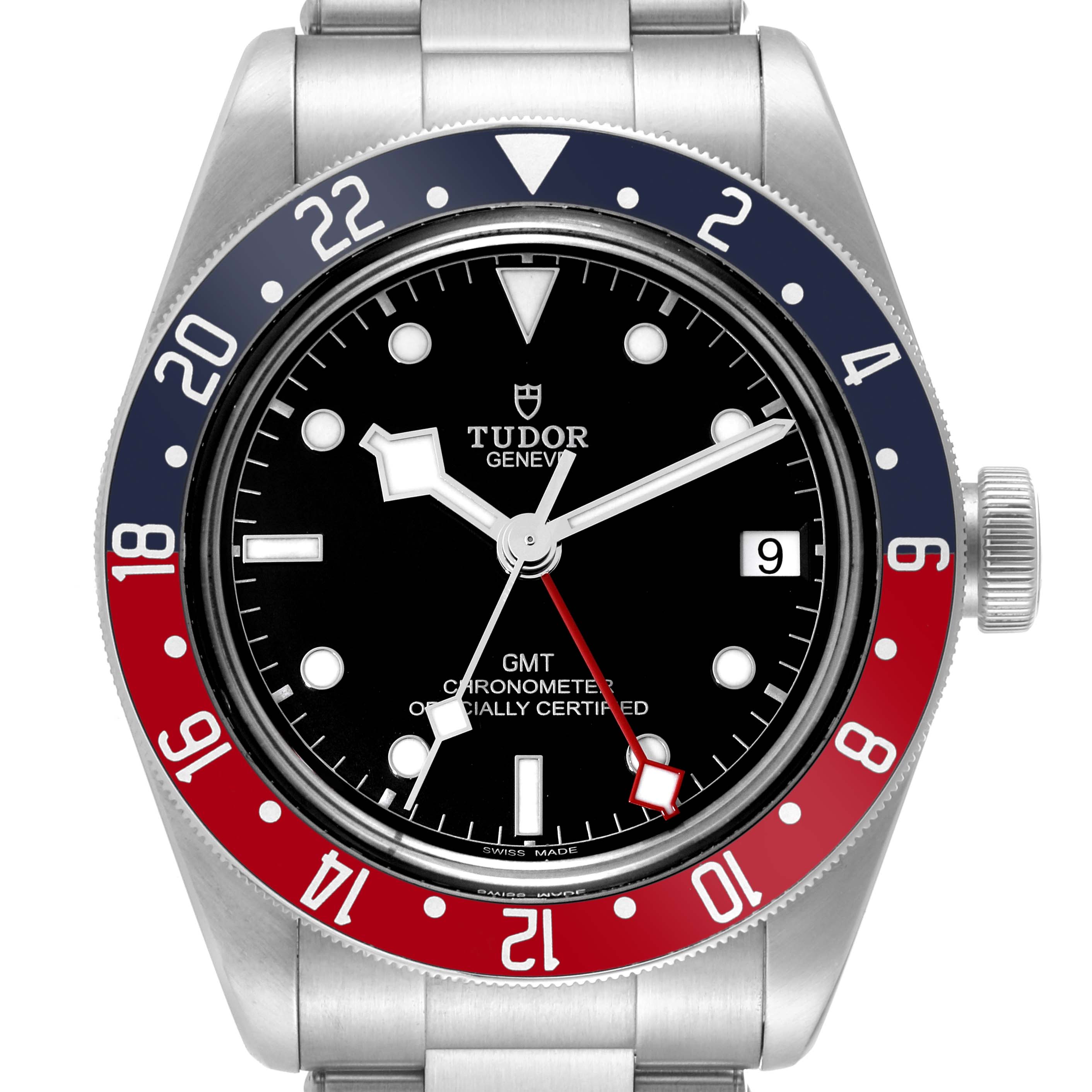 The image shows a front view of the Tudor Heritage Black Bay 79830RB Men's Stainless Steel Black Dial 79830RB Men's Stainless Steel Black Dial GMT watch, highlighting its bezel, dial, hands, and bracelet.
