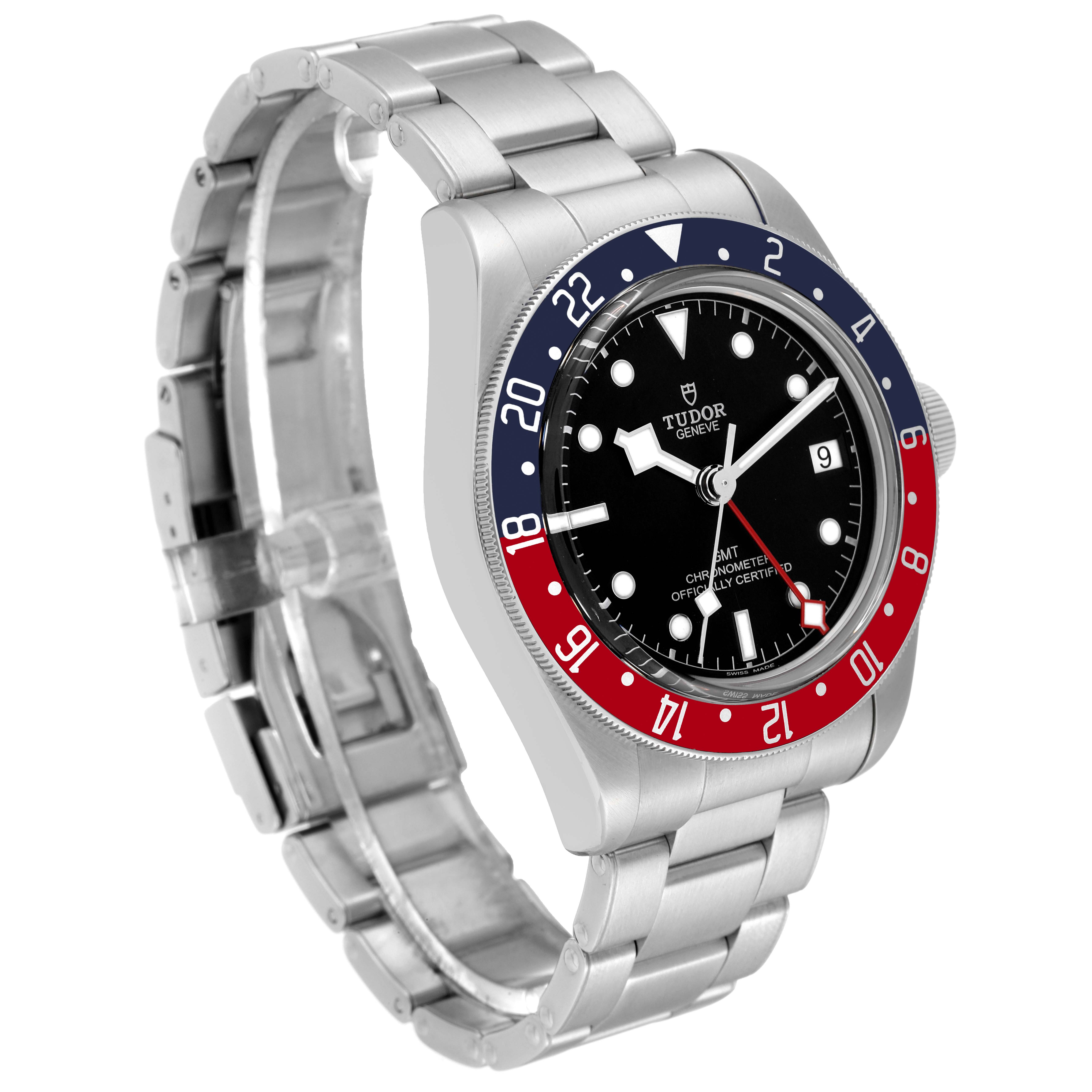 This image shows the Tudor Heritage Black Bay 79830RB Men's Stainless Steel Black Dial 79830RB Men's Stainless Steel Black Dial watch at a three-quarter angle, highlighting its bezel, dial, and bracelet.