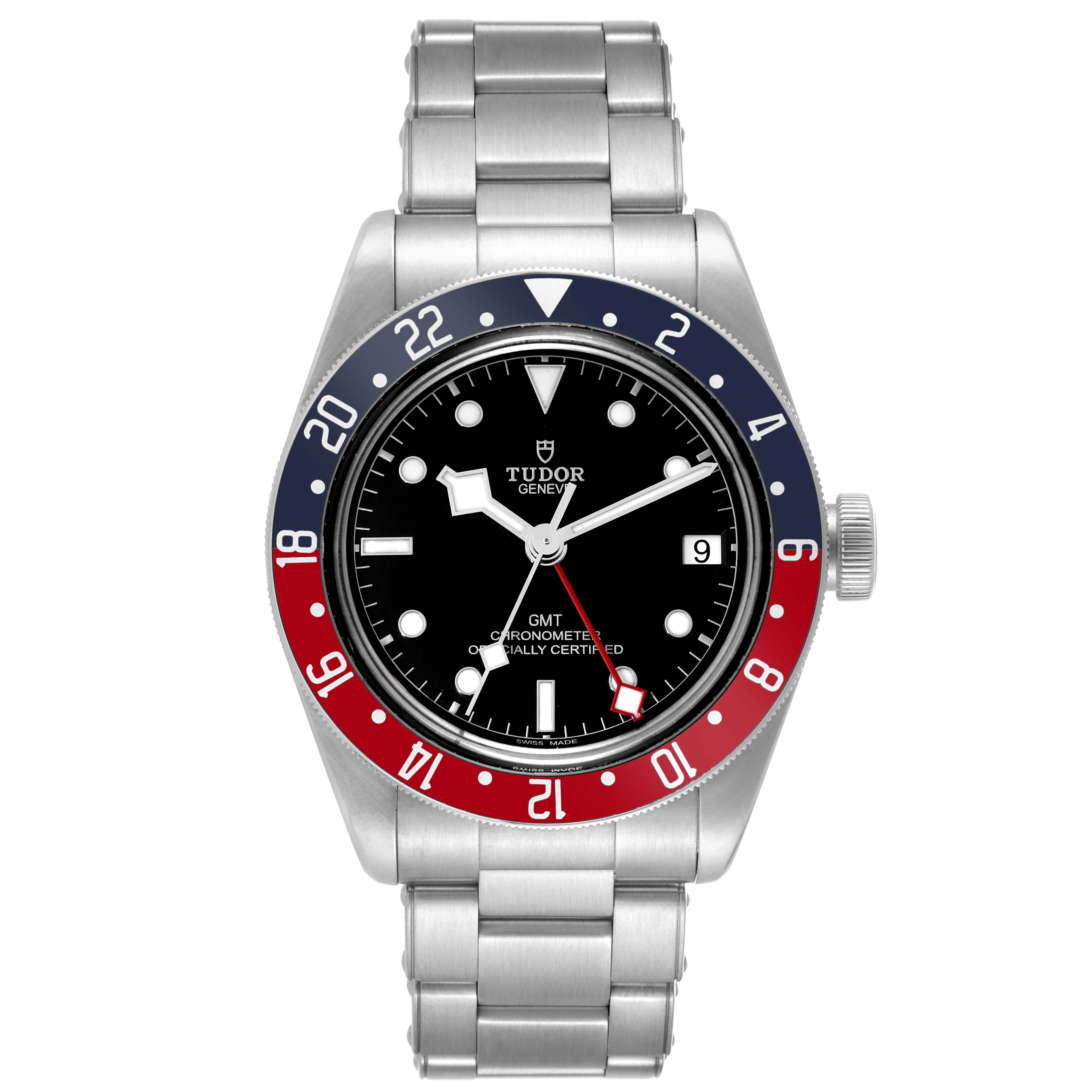 This is a frontal view of the Tudor Heritage Black Bay 79830RB Men's Stainless Steel Black Dial 79830RB Men's Stainless Steel Black Dial watch, showcasing its dial, bezel, crown, and stainless steel bracelet.