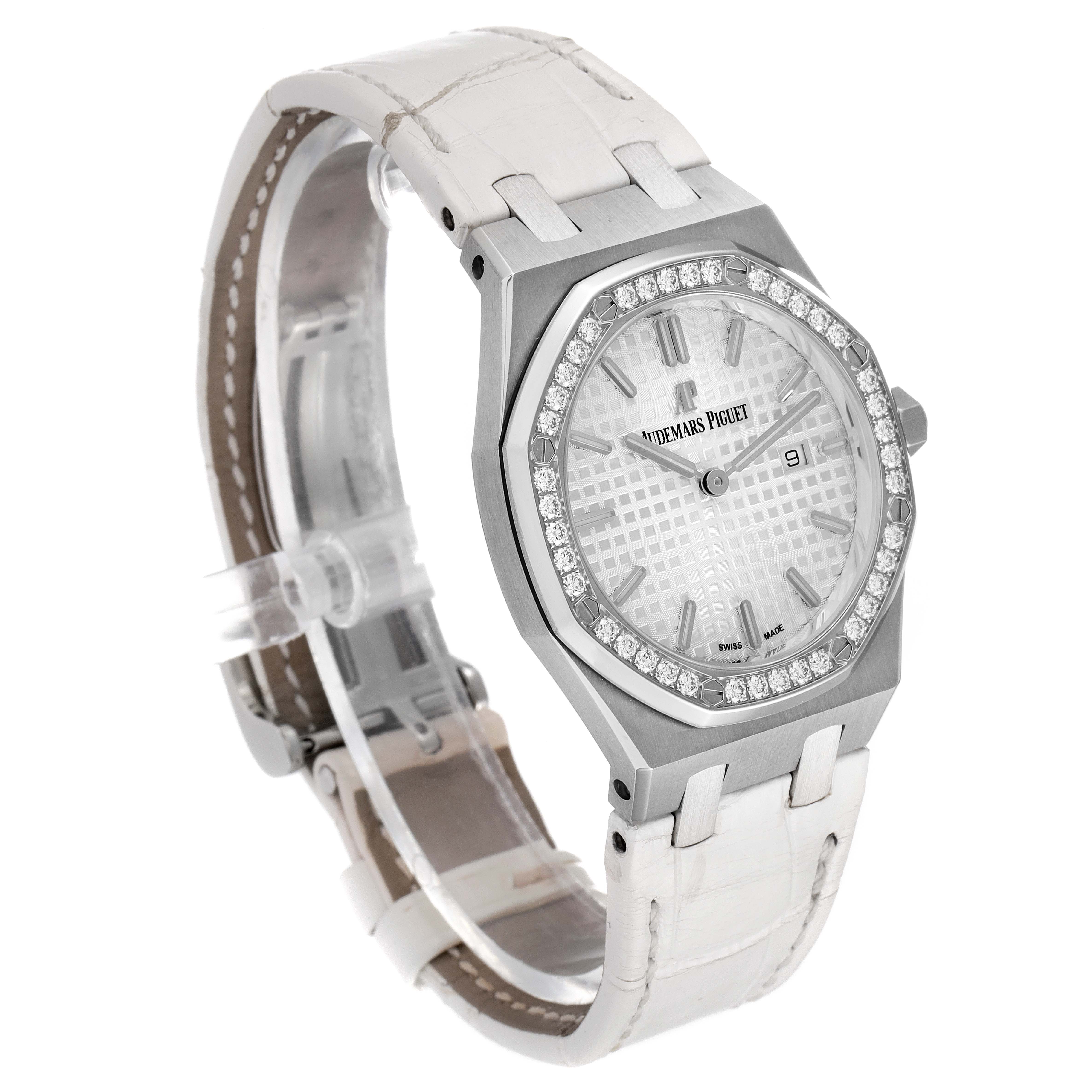 This image shows a side and front angle of an Audemars Piguet Royal Oak 67651ST.ZZ.1261ST.01 Women's Stainless Steel Silver Dial 67651ST.ZZ.1261ST.01 Women's Stainless Steel Silver Dial watch, highlighting its dial, bezel, and white strap.