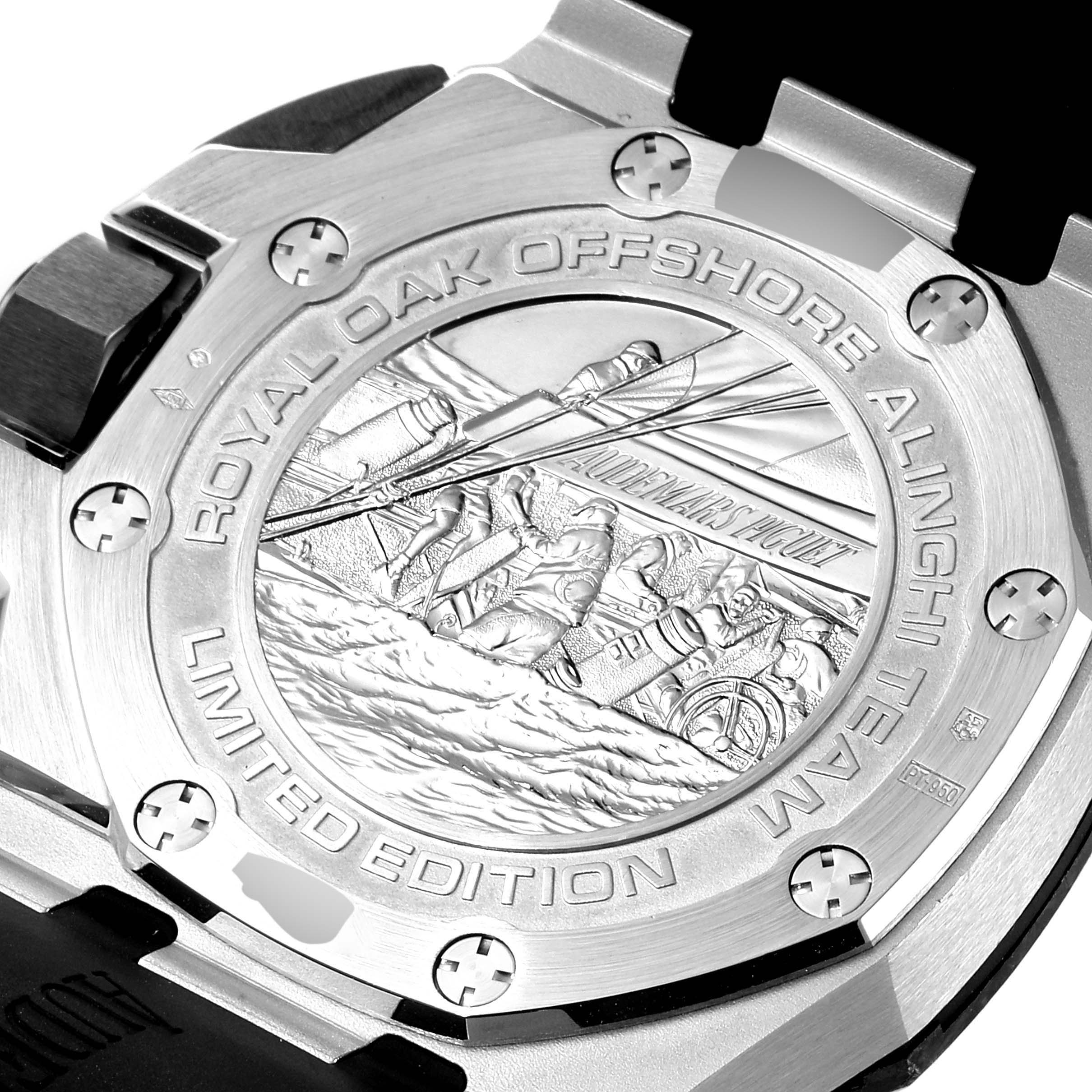 The image shows the case back of a Royal Oak Offshore model by Audemars Piguet.