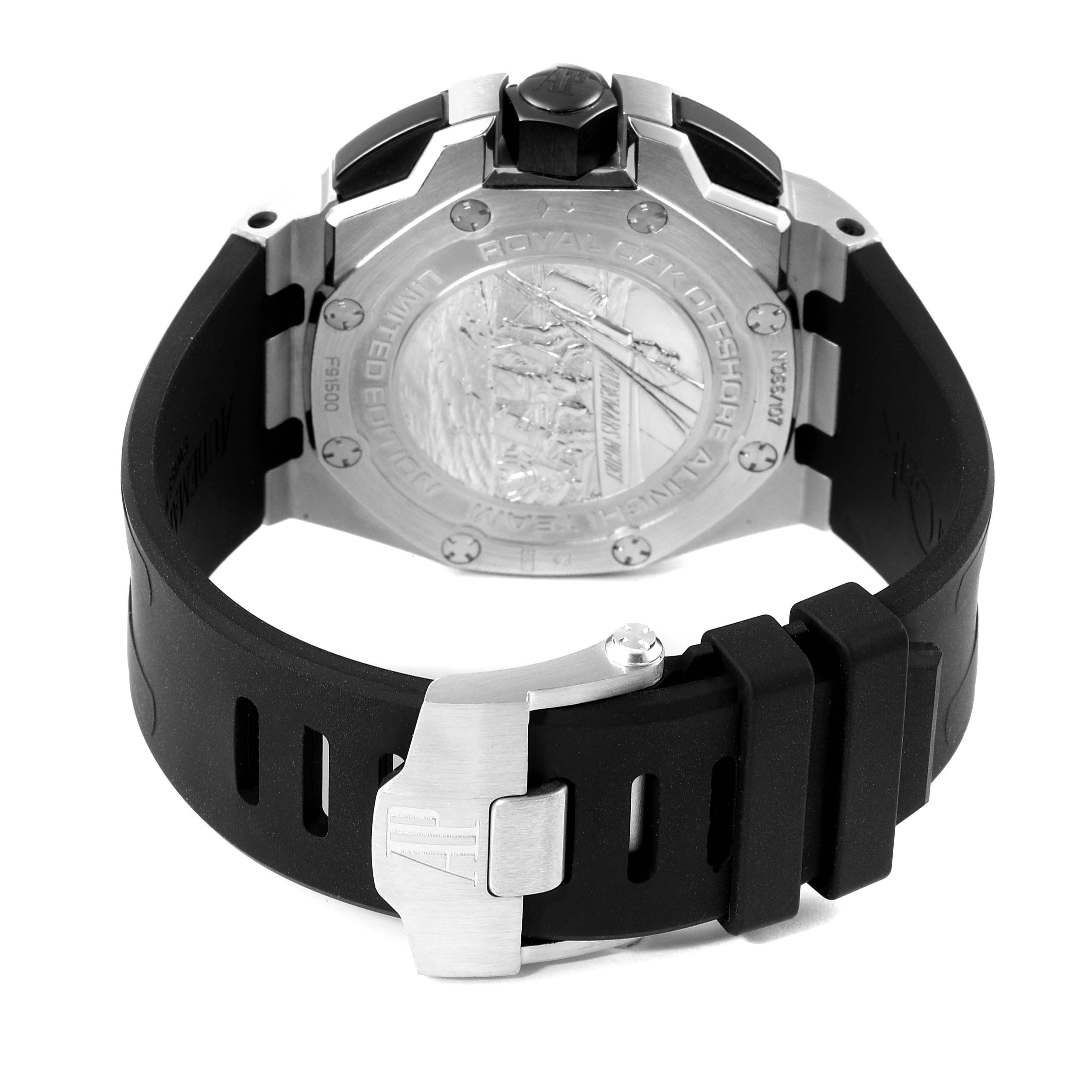 The image shows the back, clasp, and rubber strap of an Audemars Piguet Royal Oak Offshore 26062PT.OO.A002CA.01 Men's Platinum Black Dial 26062PT.OO.A002CA.01 Men's Platinum Black Dial watch.