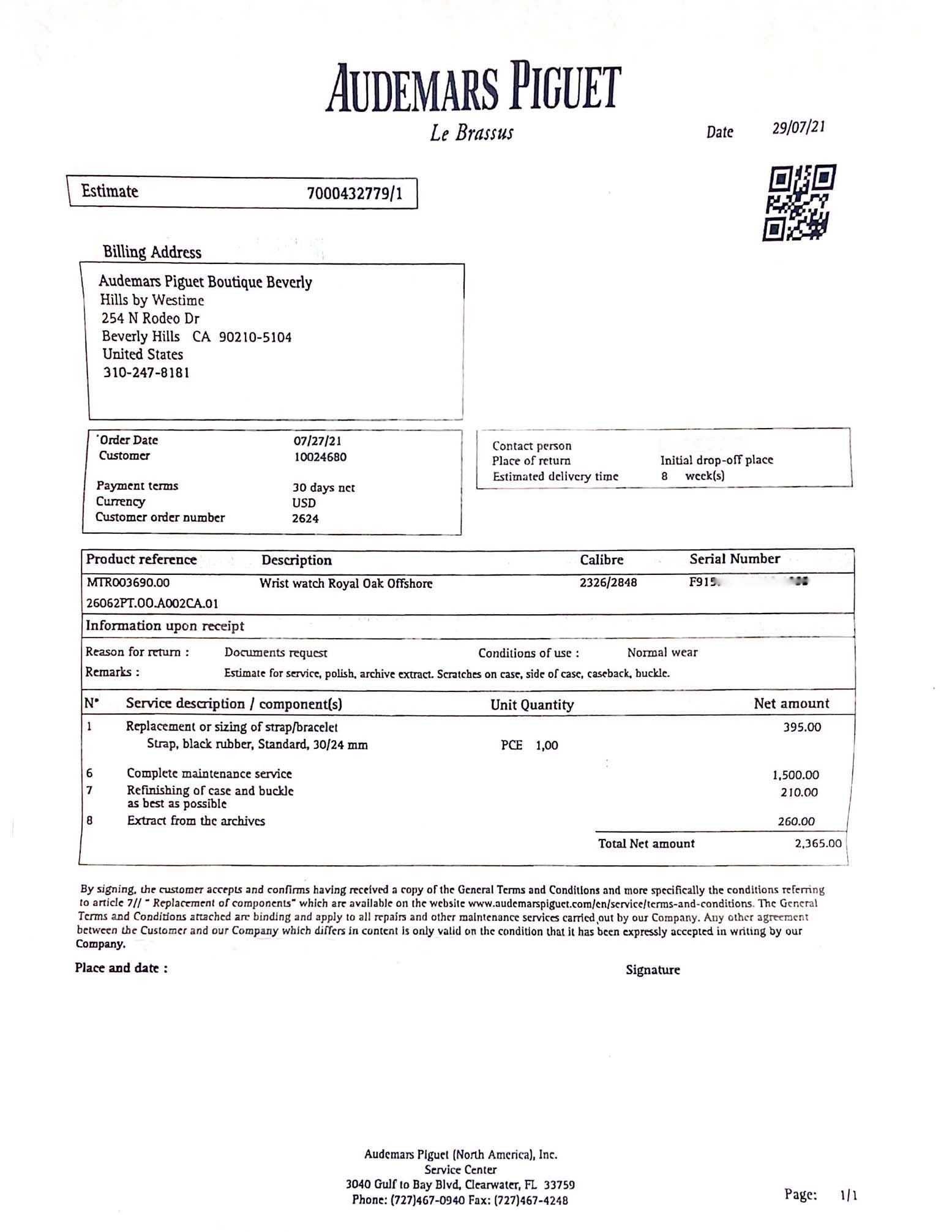 The document is an estimate for a Royal Oak Offshore model wristwatch by Audemars Piguet, detailing services and parts like a strap/bracelet and maintenance.