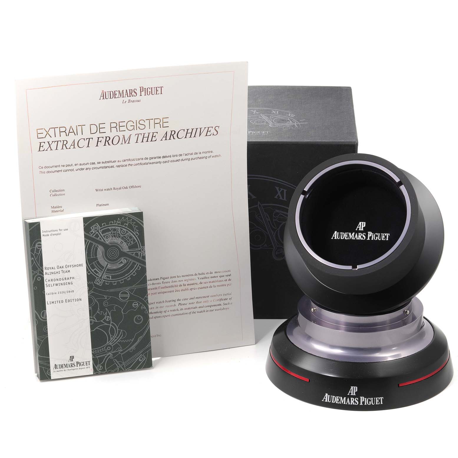 This image shows the documentation and box for an Audemars Piguet Royal Oak Offshore 26062PT.OO.A002CA.01 Men's Platinum Black Dial 26062PT.OO.A002CA.01 Men's Platinum Black Dial model watch.