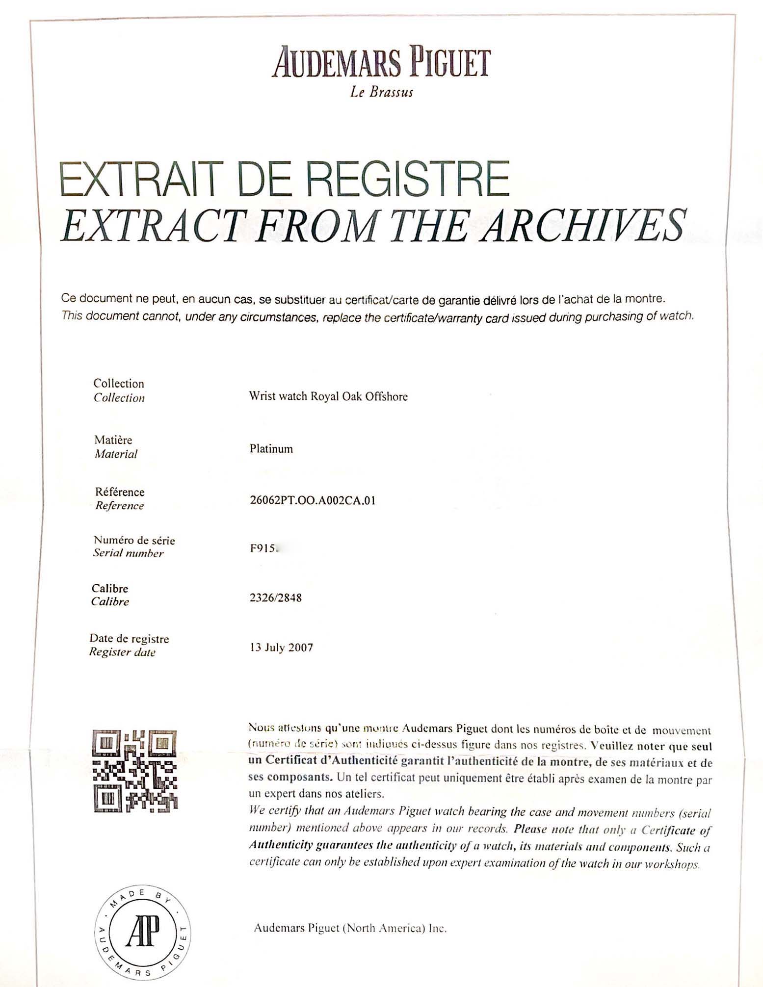 The image shows an official document from Audemars Piguet detailing the Royal Oak Offshore model's registration and specifications.