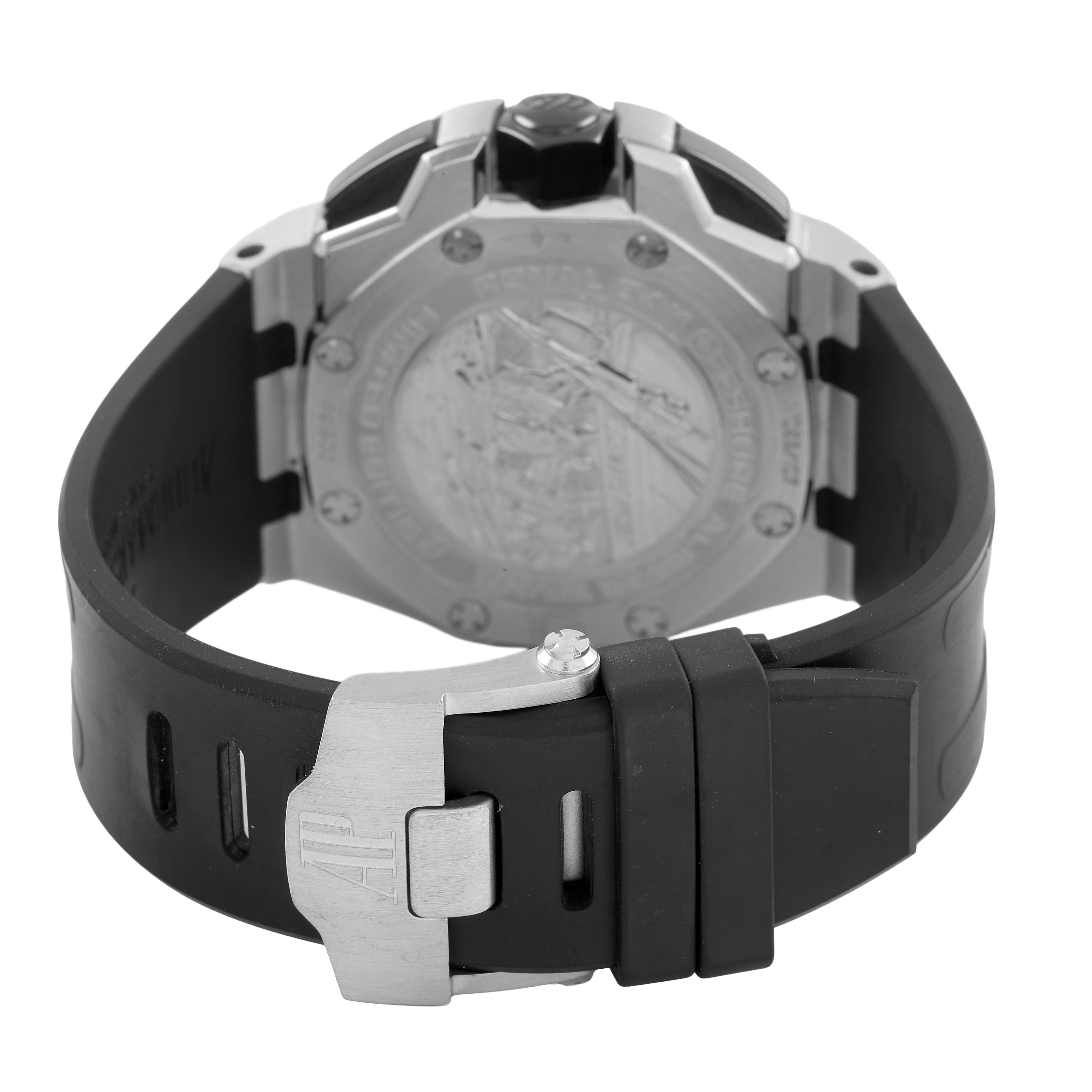 The image shows the back view of an Audemars Piguet Royal Oak Offshore 26062PT.OO.A002CA.01 Men's Platinum Black Dial, highlighting the case back and clasp.