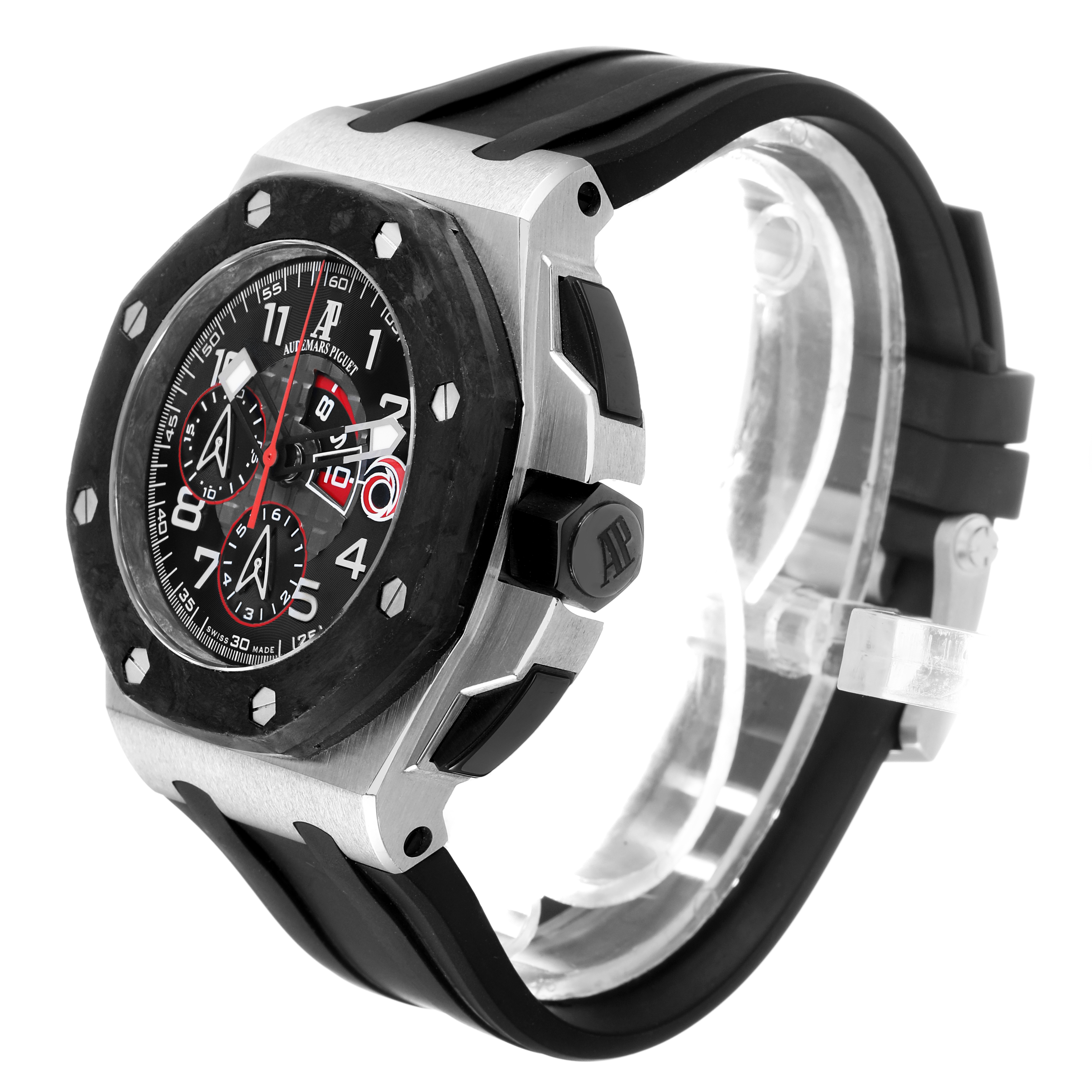 The Audemars Piguet Royal Oak Offshore 26062PT.OO.A002CA.01 Men's Platinum Black Dial is shown at a three-quarter angle, highlighting the bezel, crown, and strap.