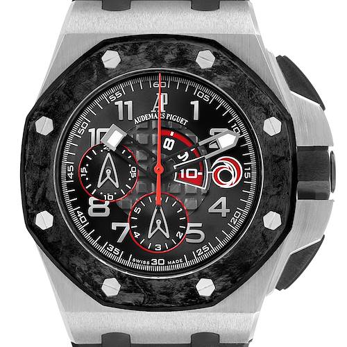 The image shows a frontal view of an Audemars Piguet Royal Oak Offshore 26062PT.OO.A002CA.01 Men's Platinum Black Dial watch, highlighting its face, bezel, and pushers.