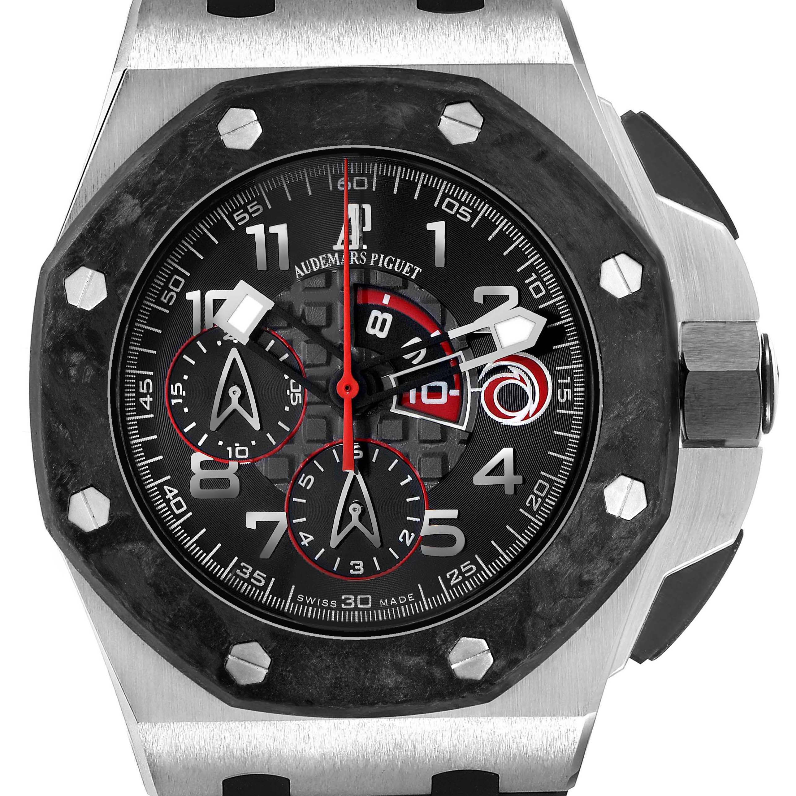 The image shows a front view of the Audemars Piguet Royal Oak Offshore 26062PT.OO.A002CA.01 Men's Platinum Black Dial watch, highlighting the dial, bezel, and crown.