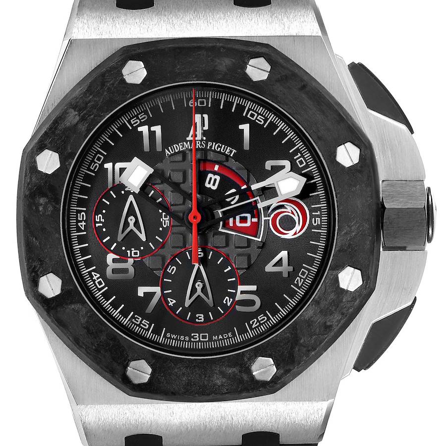 The image shows a front view of the Audemars Piguet Royal Oak Offshore 26062PT.OO.A002CA.01 Men's Platinum Black Dial watch, highlighting the dial, bezel, and crown.
