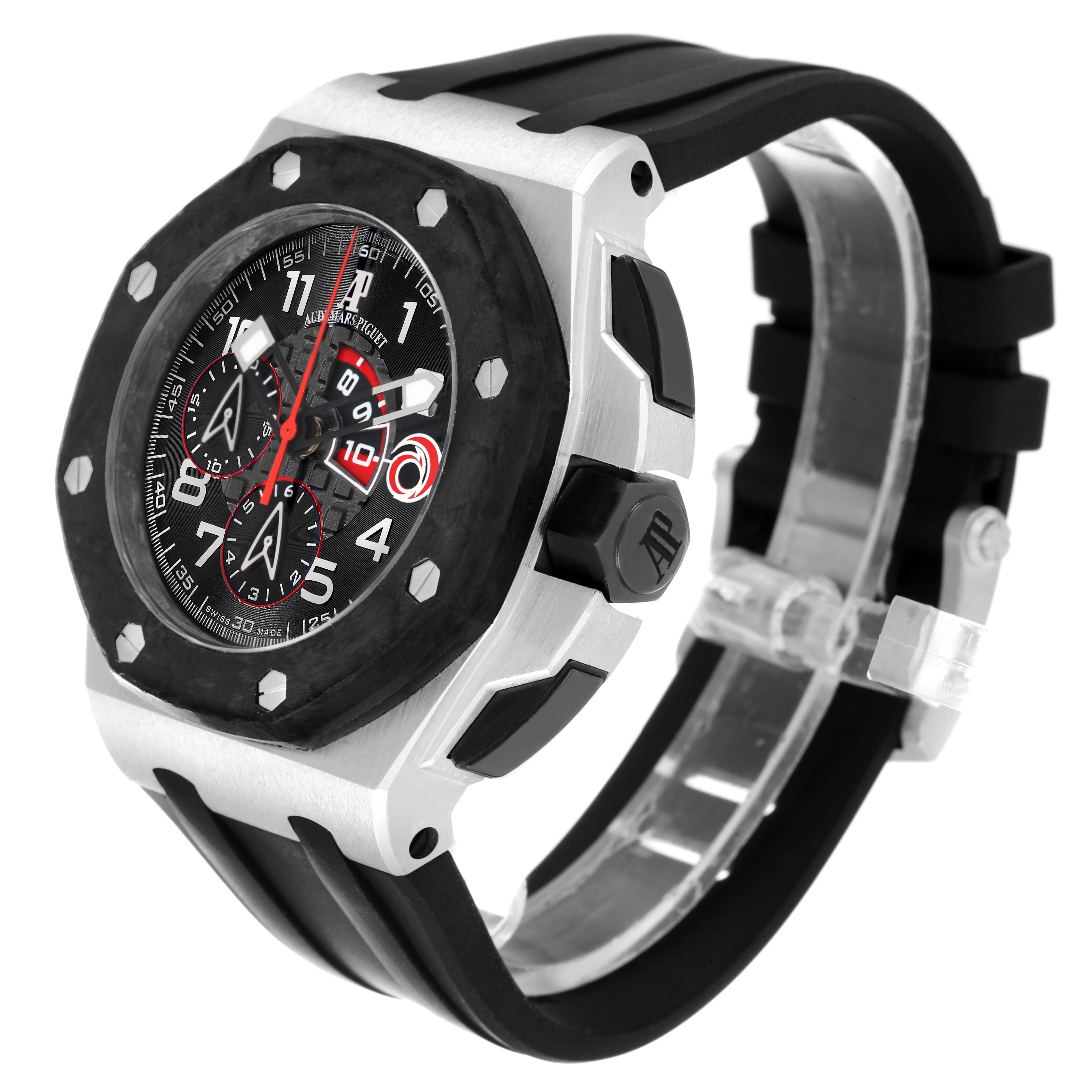 The Audemars Piguet Royal Oak Offshore 26062PT.OO.A002CA.01 Men's Platinum Black Dial watch is shown at a three-quarter angle, highlighting the bezel, dial, and strap details.