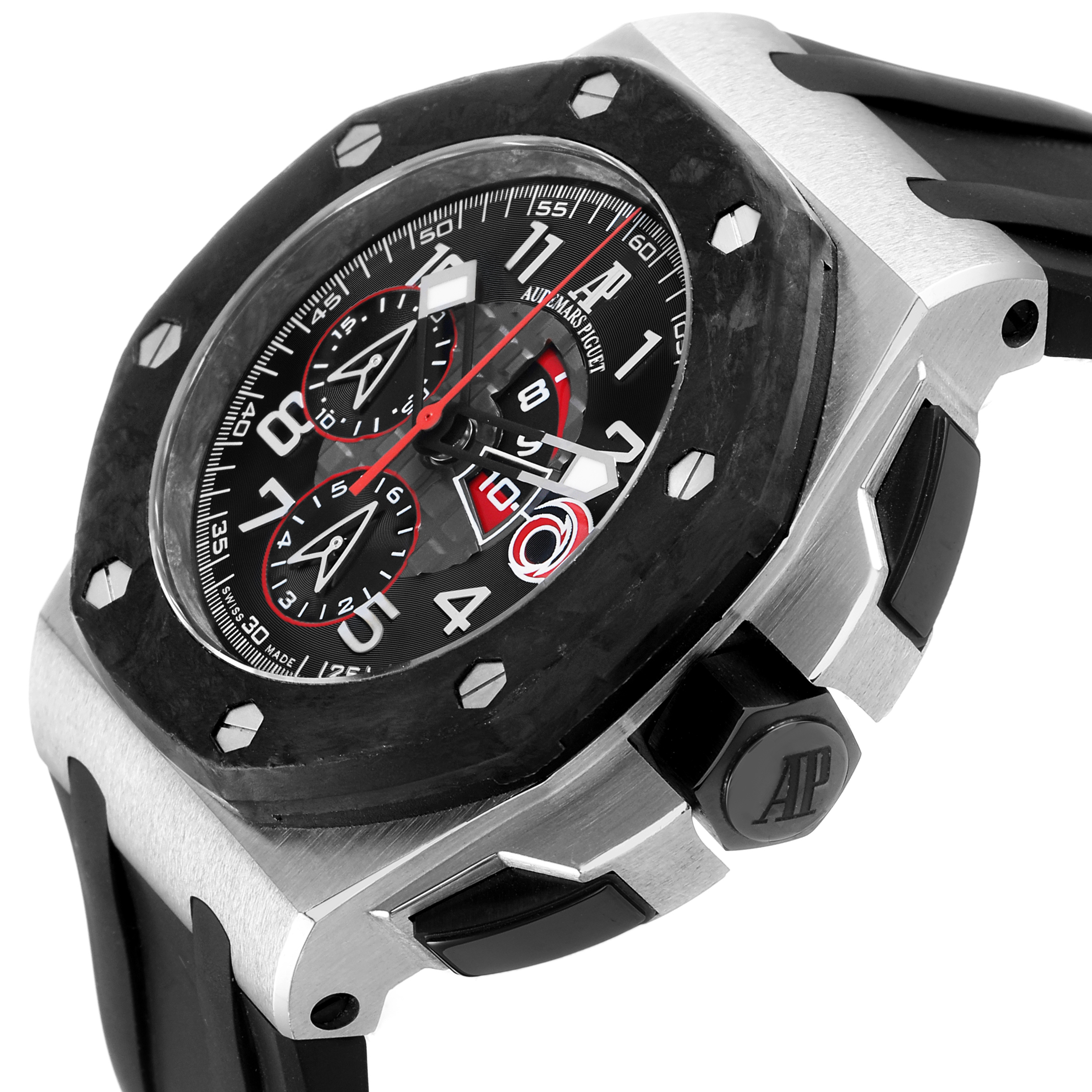The Royal Oak Offshore by Audemars Piguet is shown at a side angle, highlighting the bezel, dials, and rubber strap with visible screws.