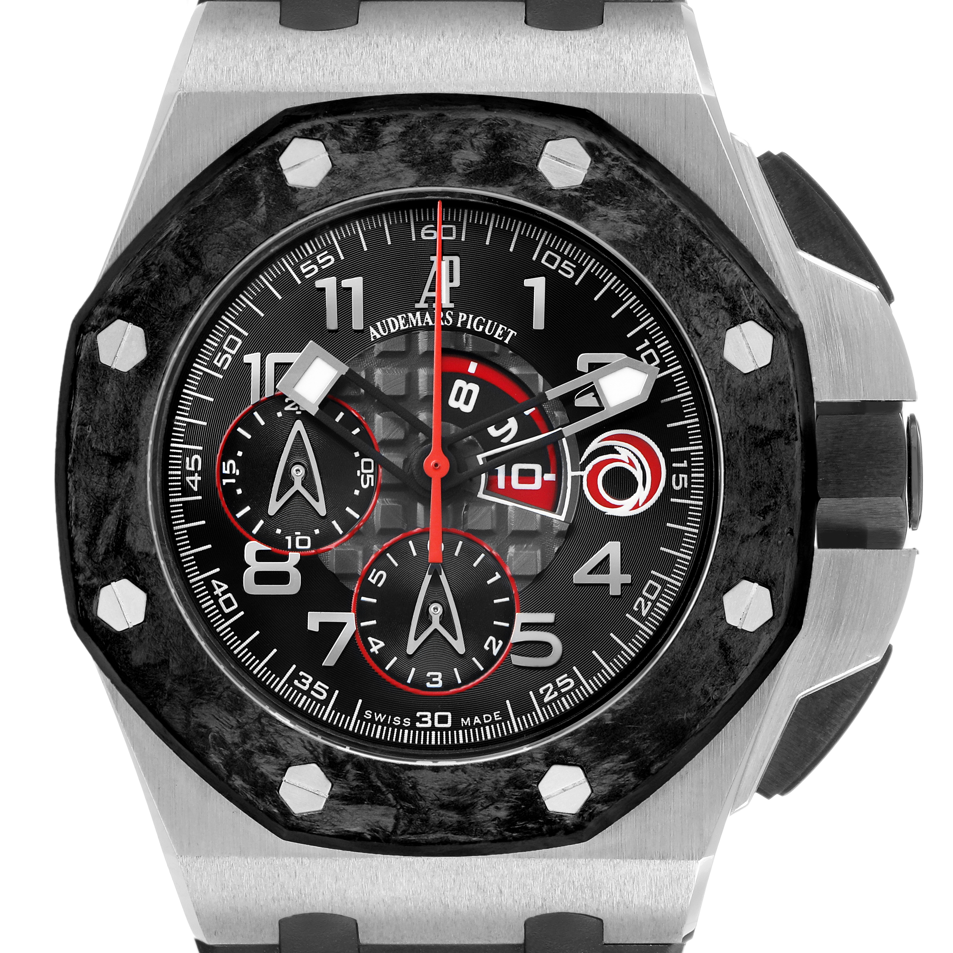 The image shows a front view of the Audemars Piguet Royal Oak Offshore 26062PT.OO.A002CA.01 Men's Platinum Black Dial model, highlighting its face, bezel, and crown.