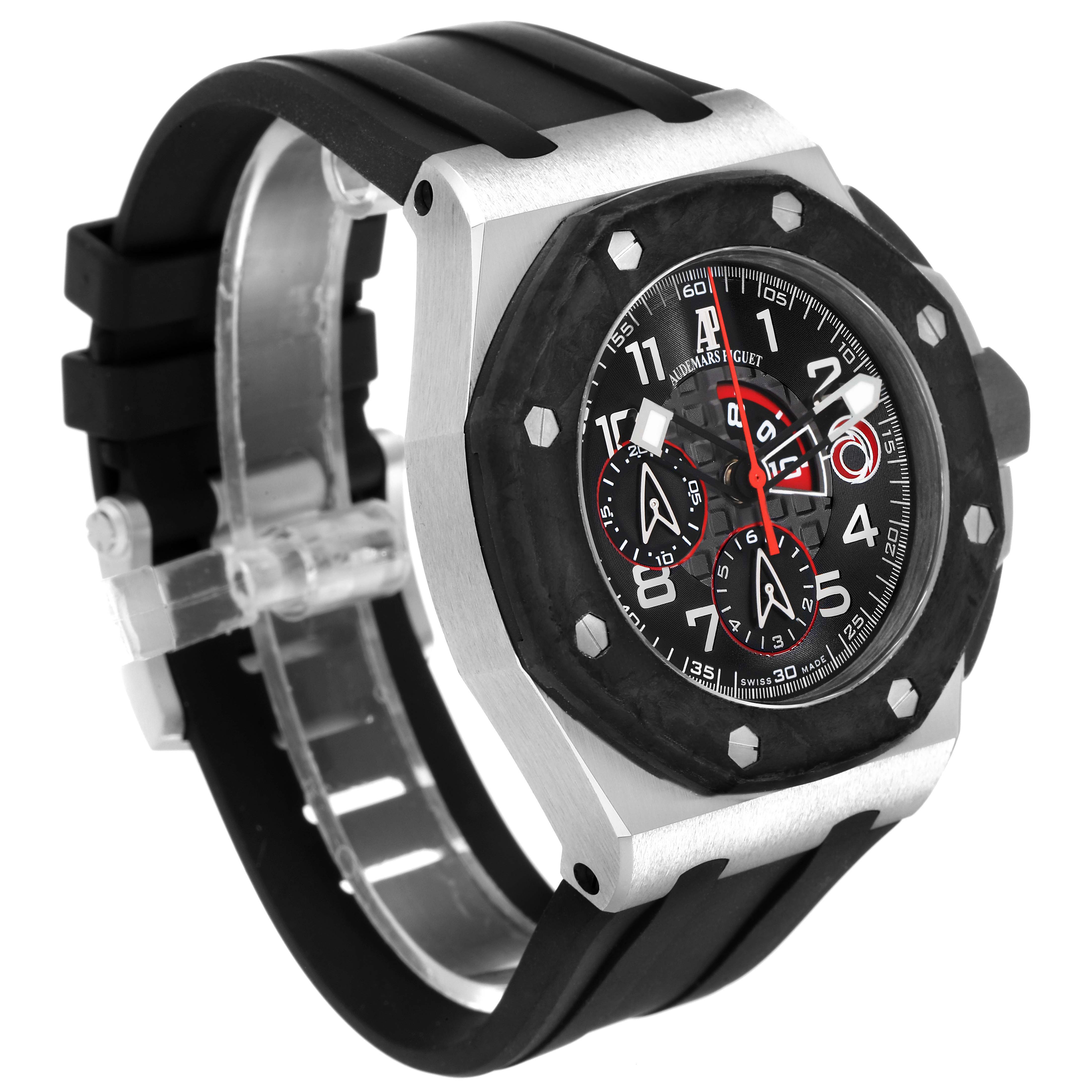 The Audemars Piguet Royal Oak Offshore 26062PT.OO.A002CA.01 Men's Platinum Black Dial watch is shown at a three-quarter angle, displaying the bezel, dial, and rubber strap.