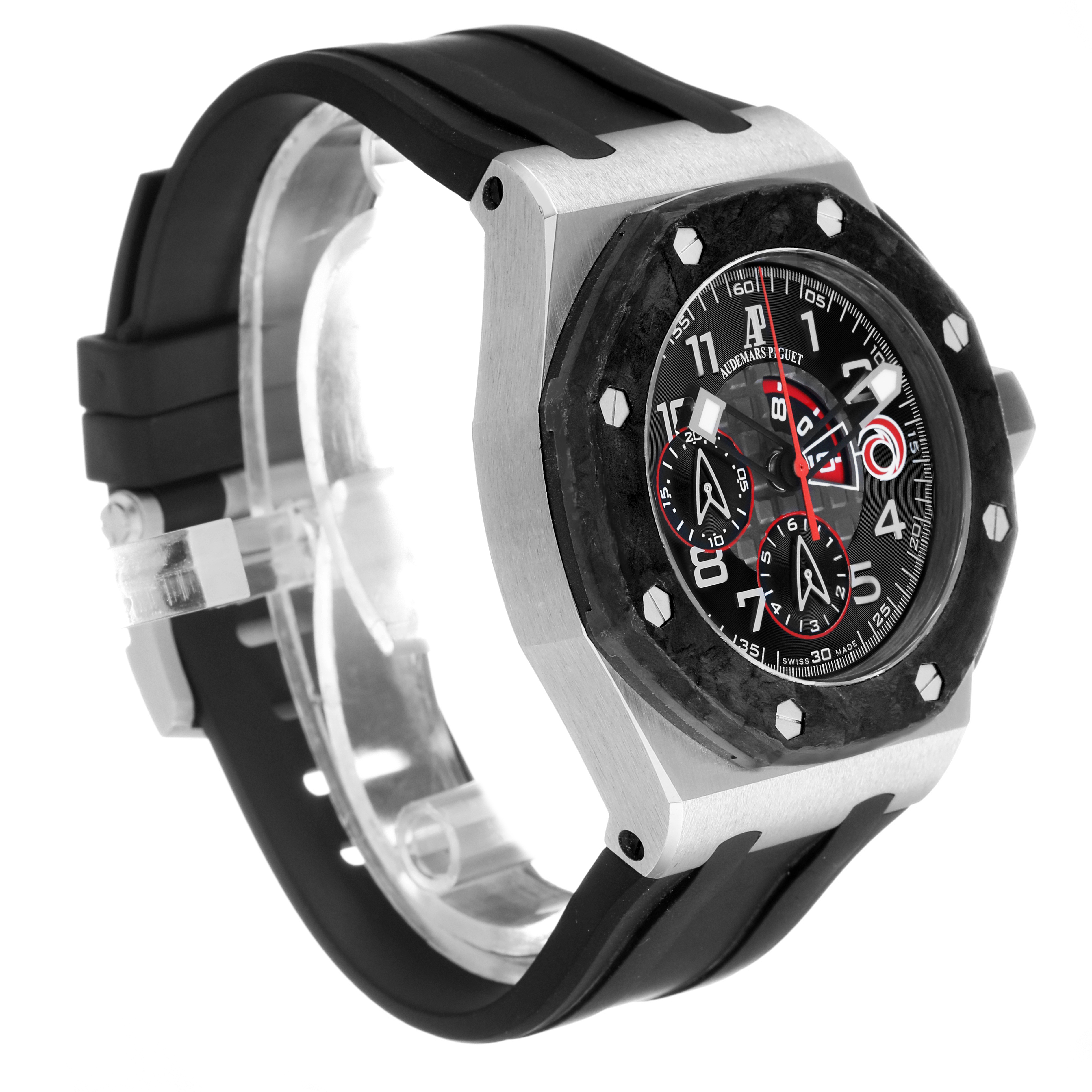 The Audemars Piguet Royal Oak Offshore 26062PT.OO.A002CA.01 Men's Platinum Black Dial watch is shown at an angled front view, highlighting the dial, bezel, and strap.