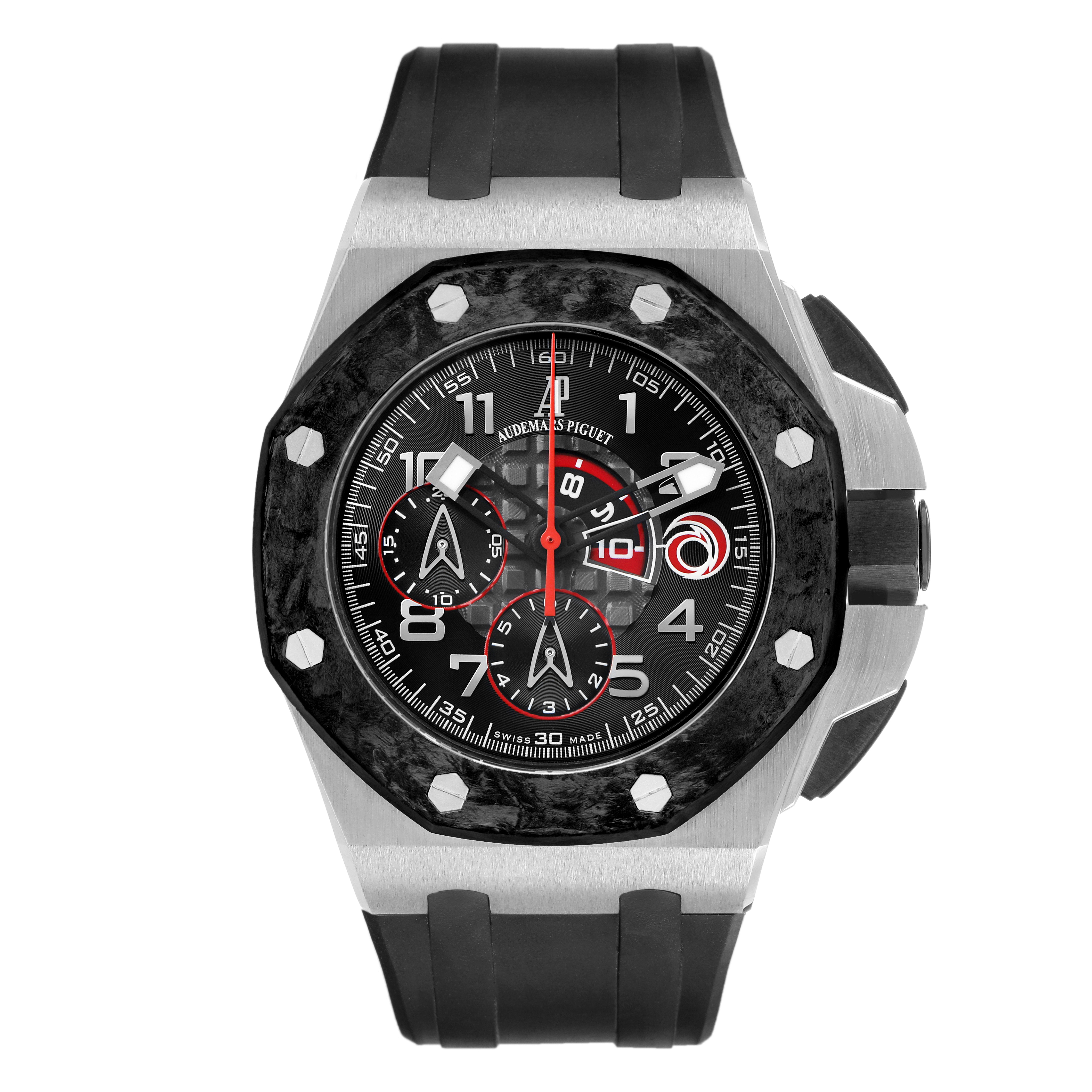 The Audemars Piguet Royal Oak Offshore 26062PT.OO.A002CA.01 Men's Platinum Black Dial watch is shown from a front angle, highlighting its bezel, dial, and strap.